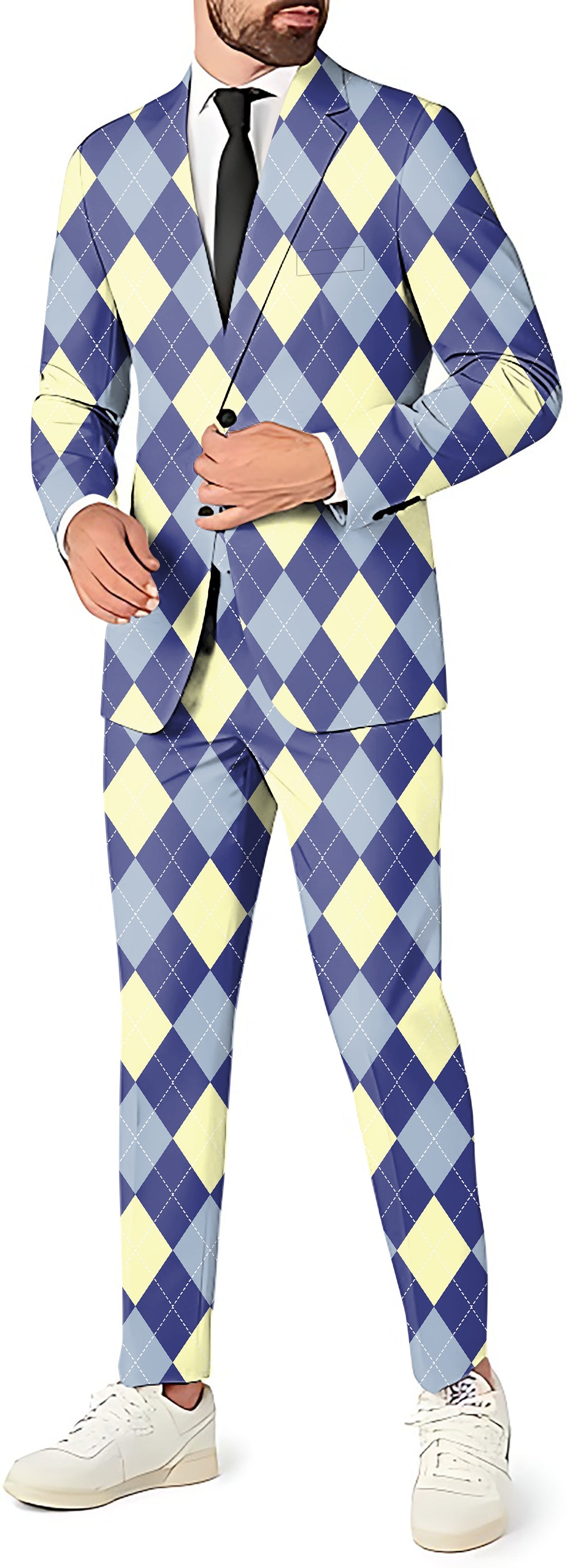 blue argyle men's party suit set with blazer, vest, and pants