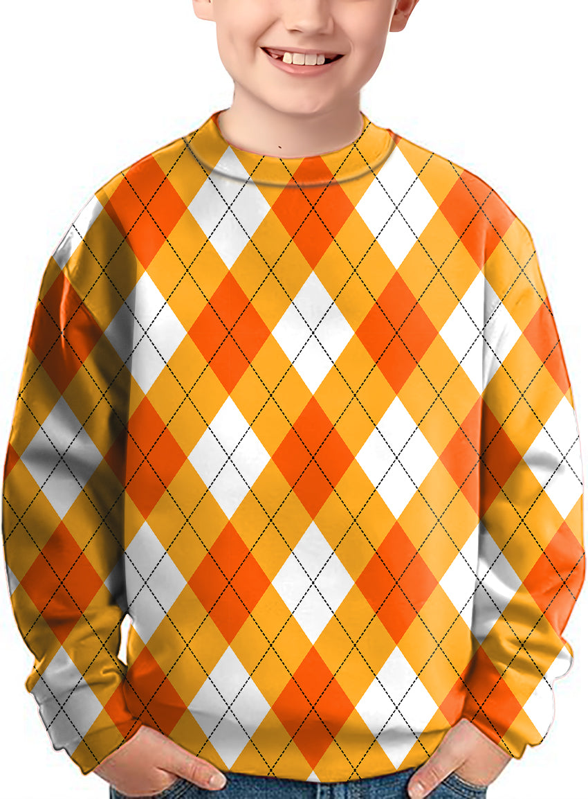 Halloween Cross Orange White Argyle Crewneck Pullover Kids Ugly Sweater