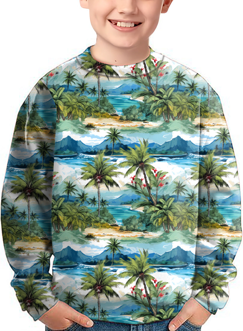 Kids Hawaii palm tree crewneck pullover ugly sweater with tropical island design