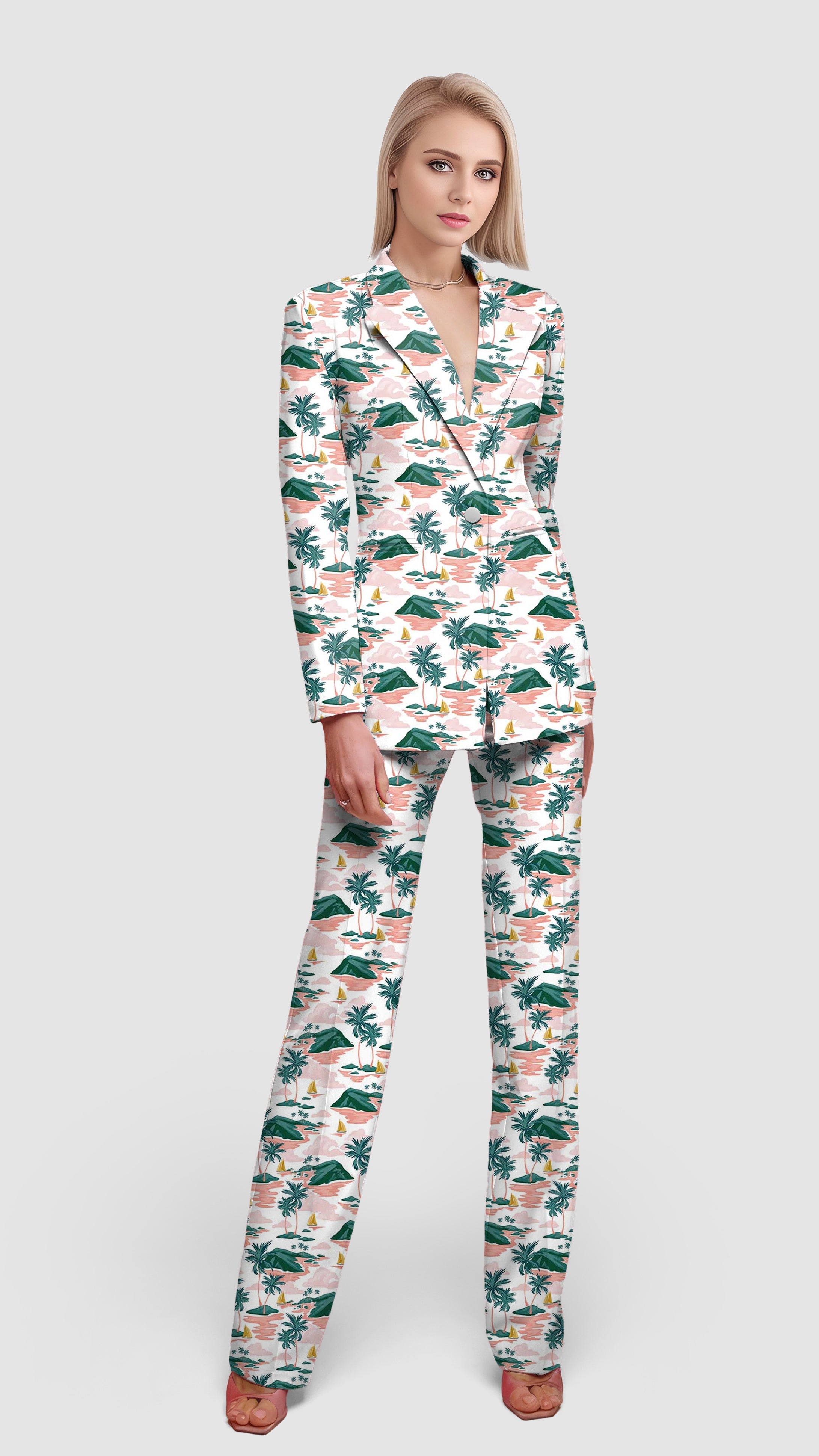 Paradise Island women's blazer and pants suit set with tropical print, casual work office style, lapel collar, single button, and flap pockets.