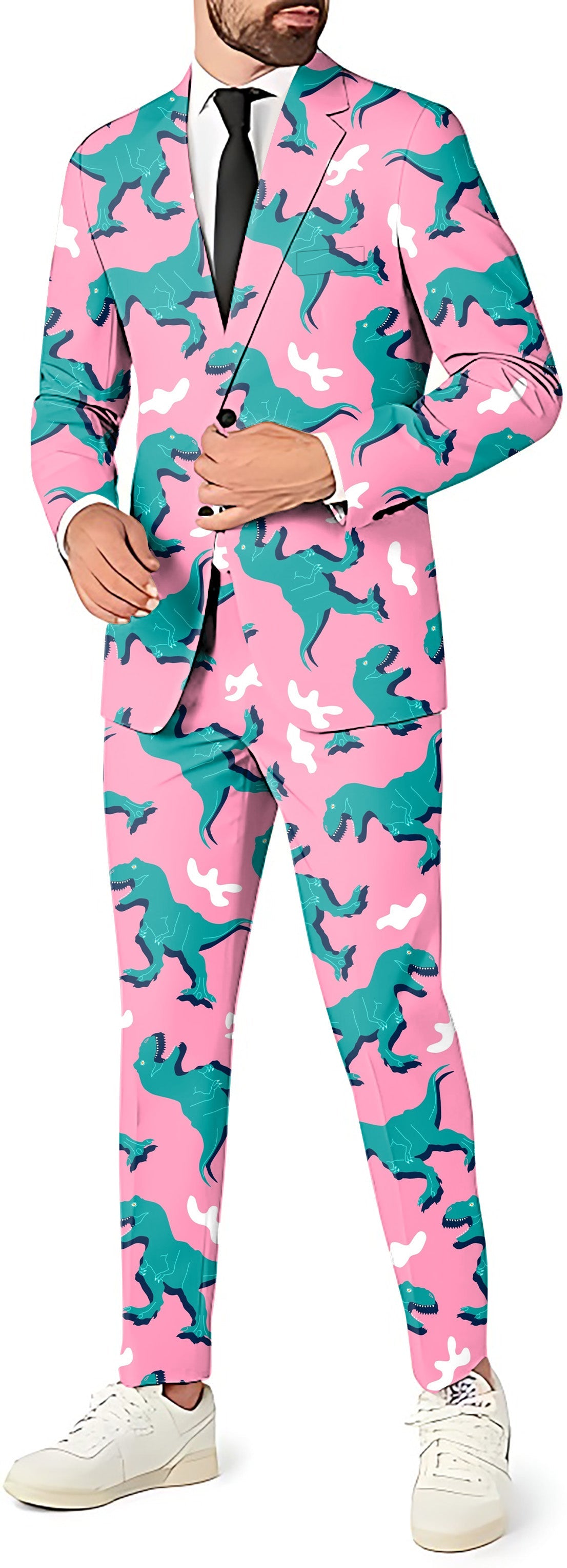 Men's pink suit set with green dinosaur print blazer, pants, and vest for theme parties