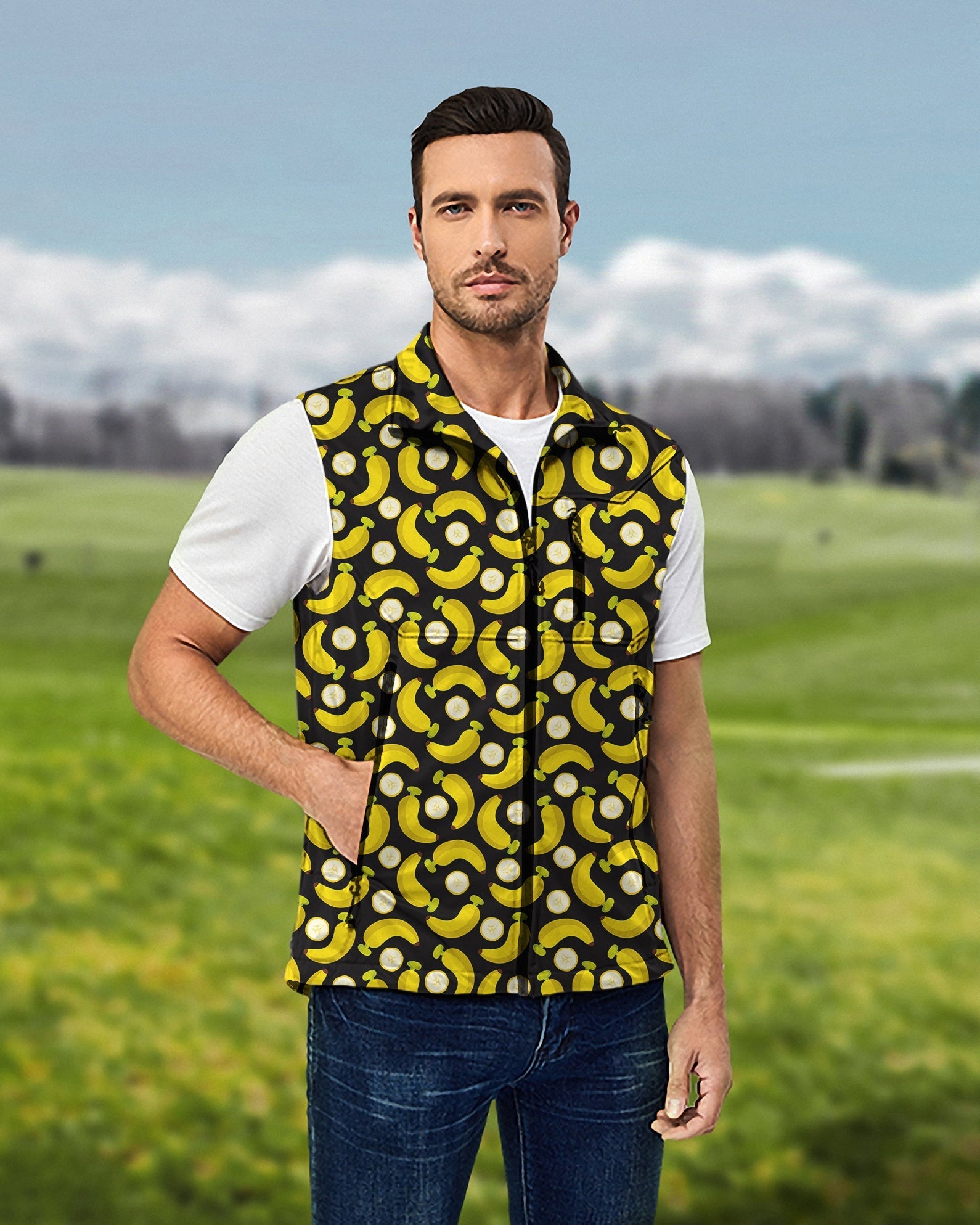 Men's Halloween Bananas sleeveless lightweight windproof softshell vest for golf with banana peel pattern