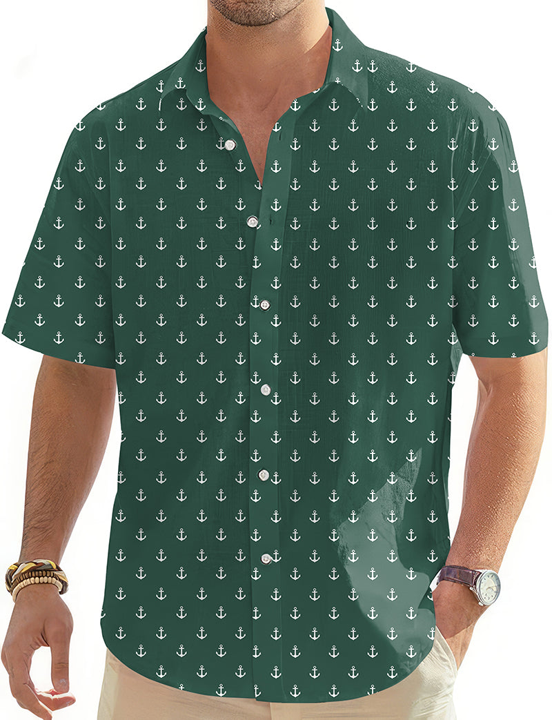 Green anchor pattern men's short sleeve golf Hawaiian shirt with button-down collar