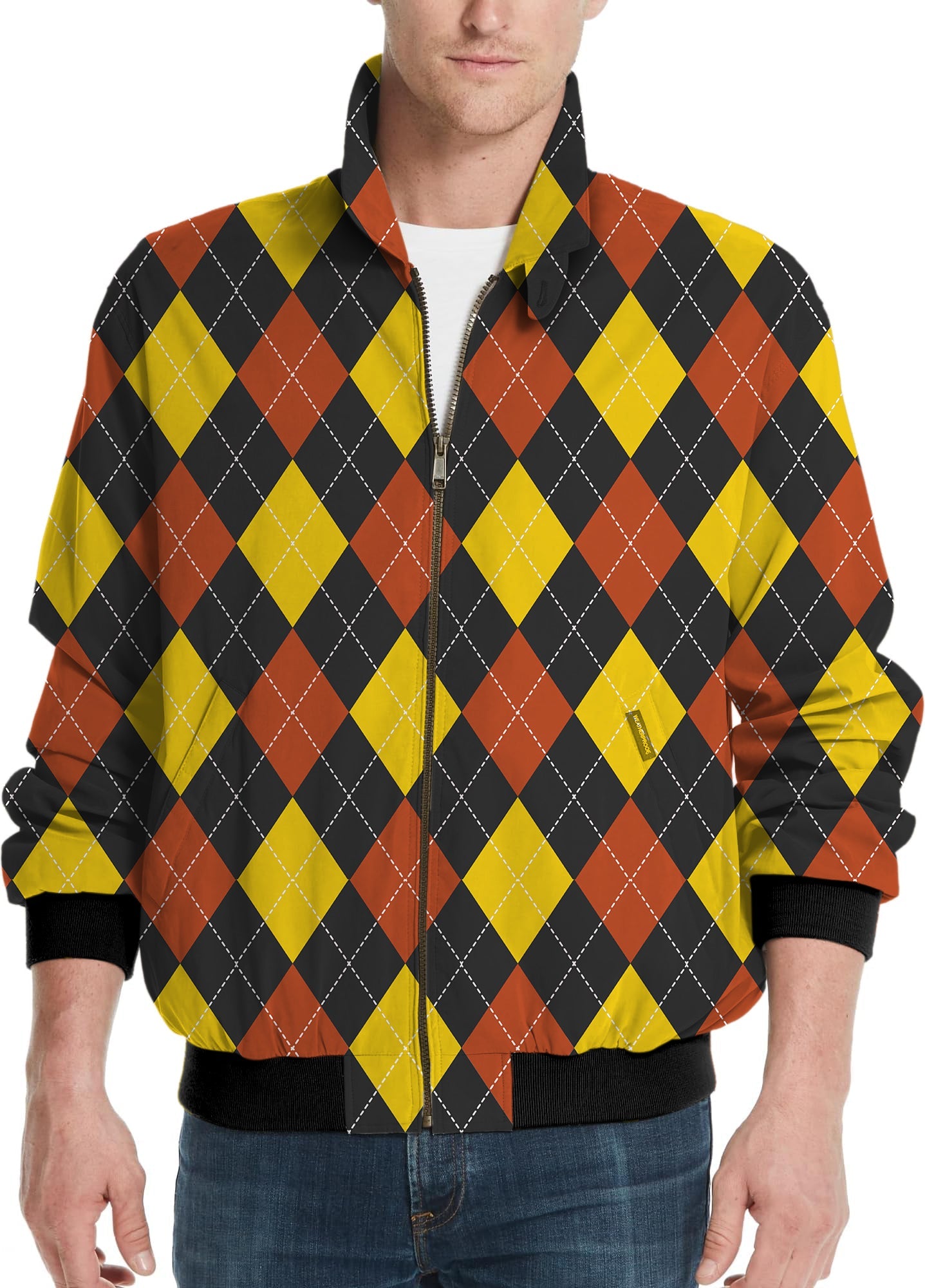 men's golf windbreaker light jacket with red argyle pattern and customizable team logo options