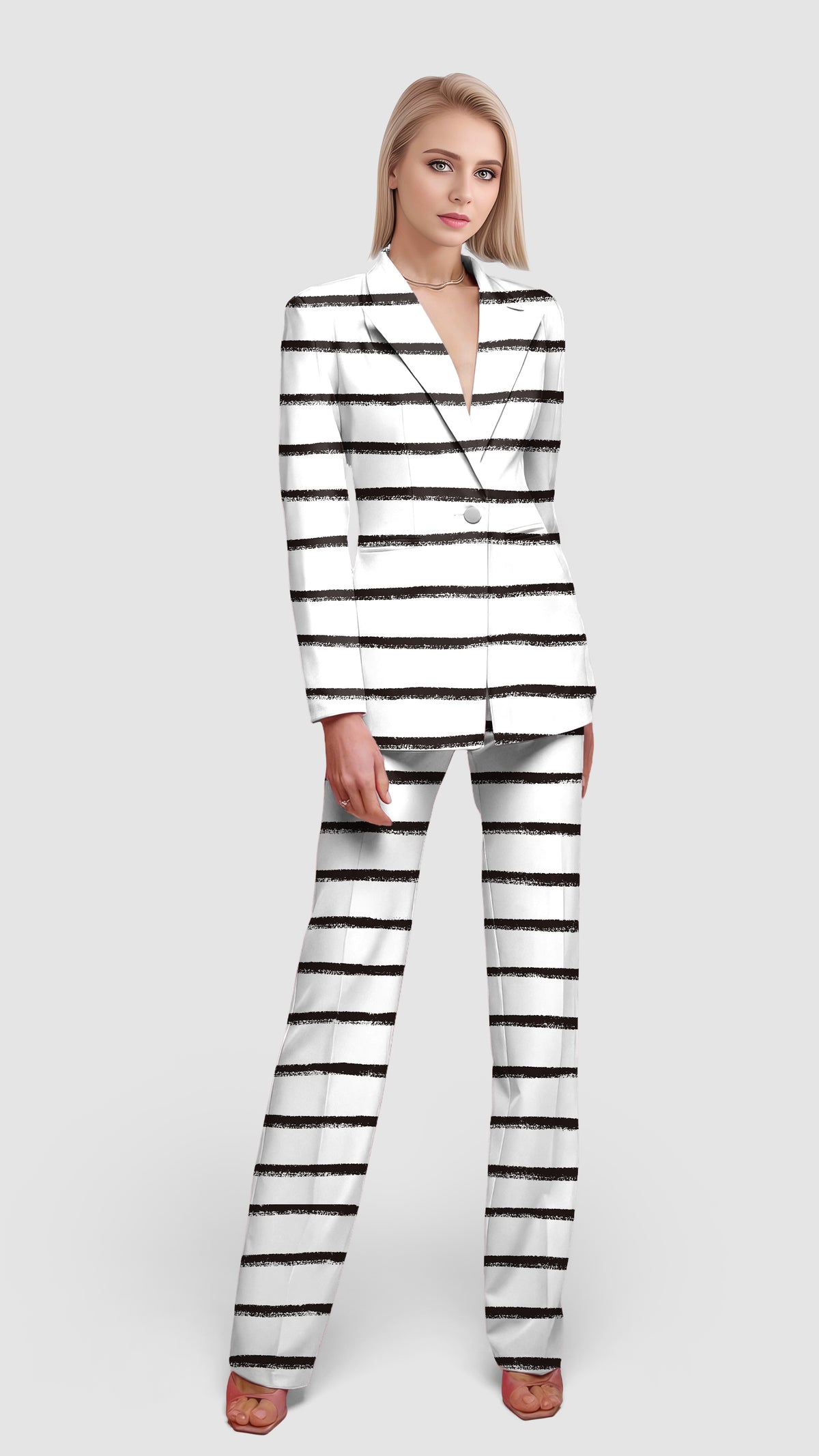 Black and white crayon-style stripes Women's Blazer Casual Work Office Blazer Suit set