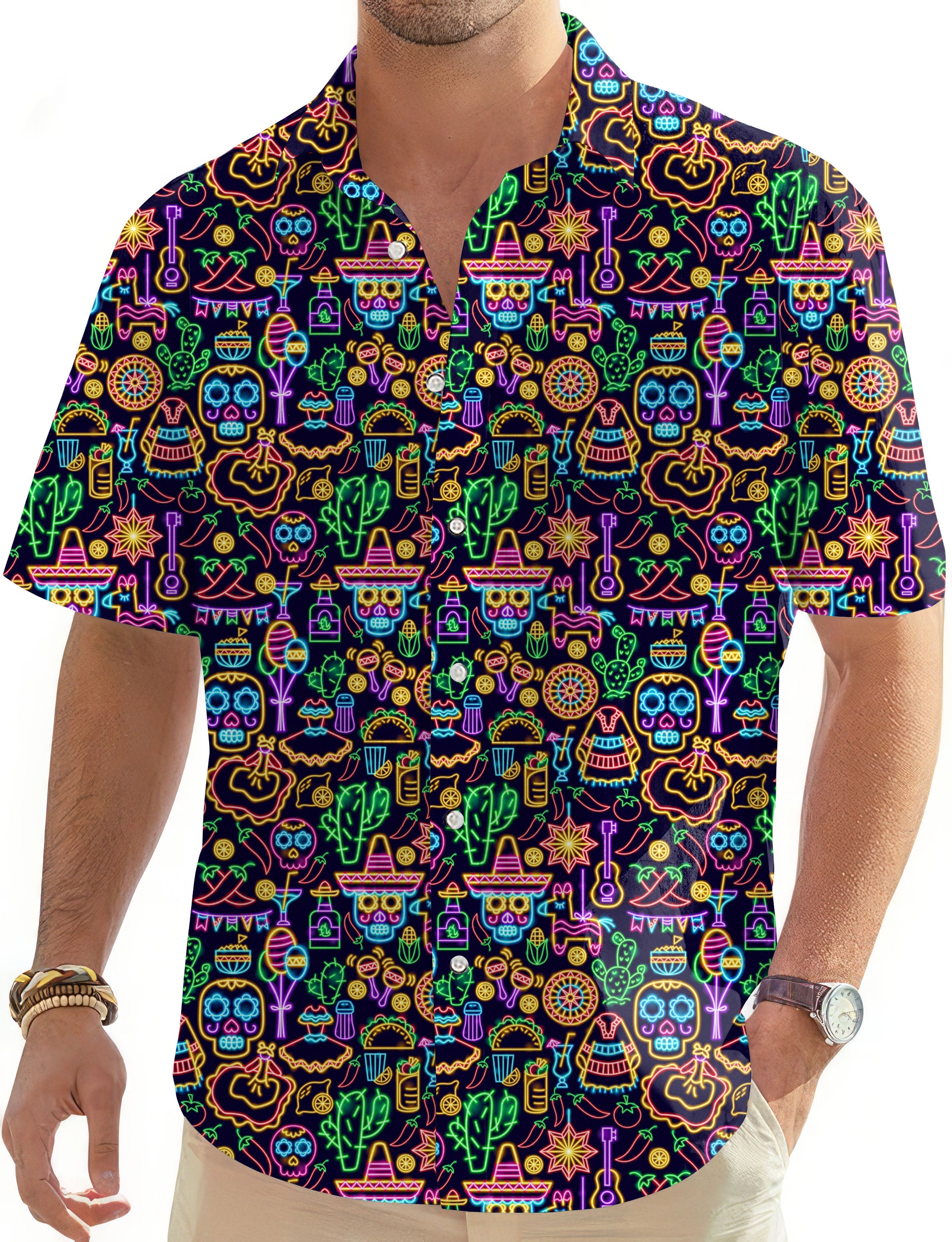 Neon Fiesta-Men's Golf Hawaiian Shirts Button Down Shirt