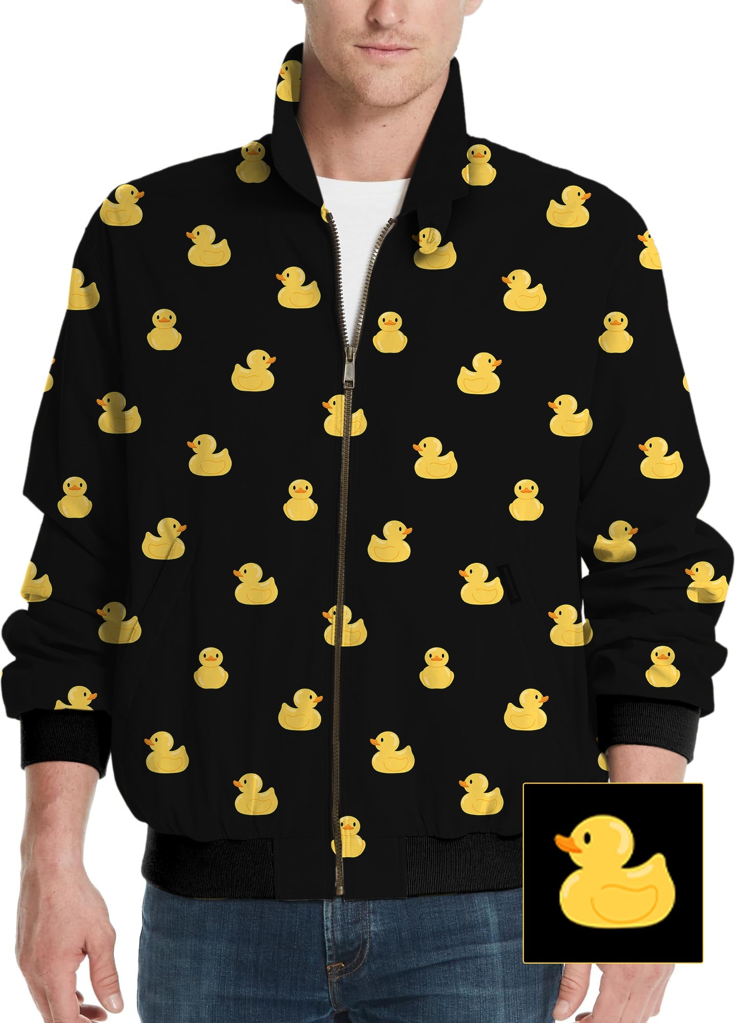 Men's golf windbreaker jacket with yellow rubber duck pattern on black background