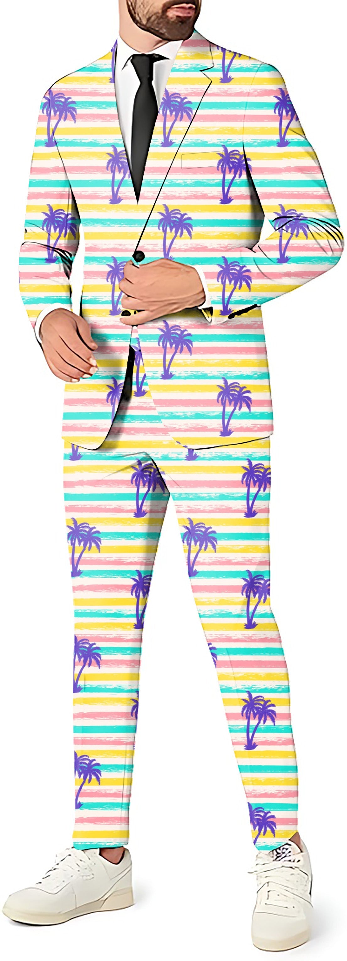 Striped summer palm tree men's party suit with blazer, pants, and vest set