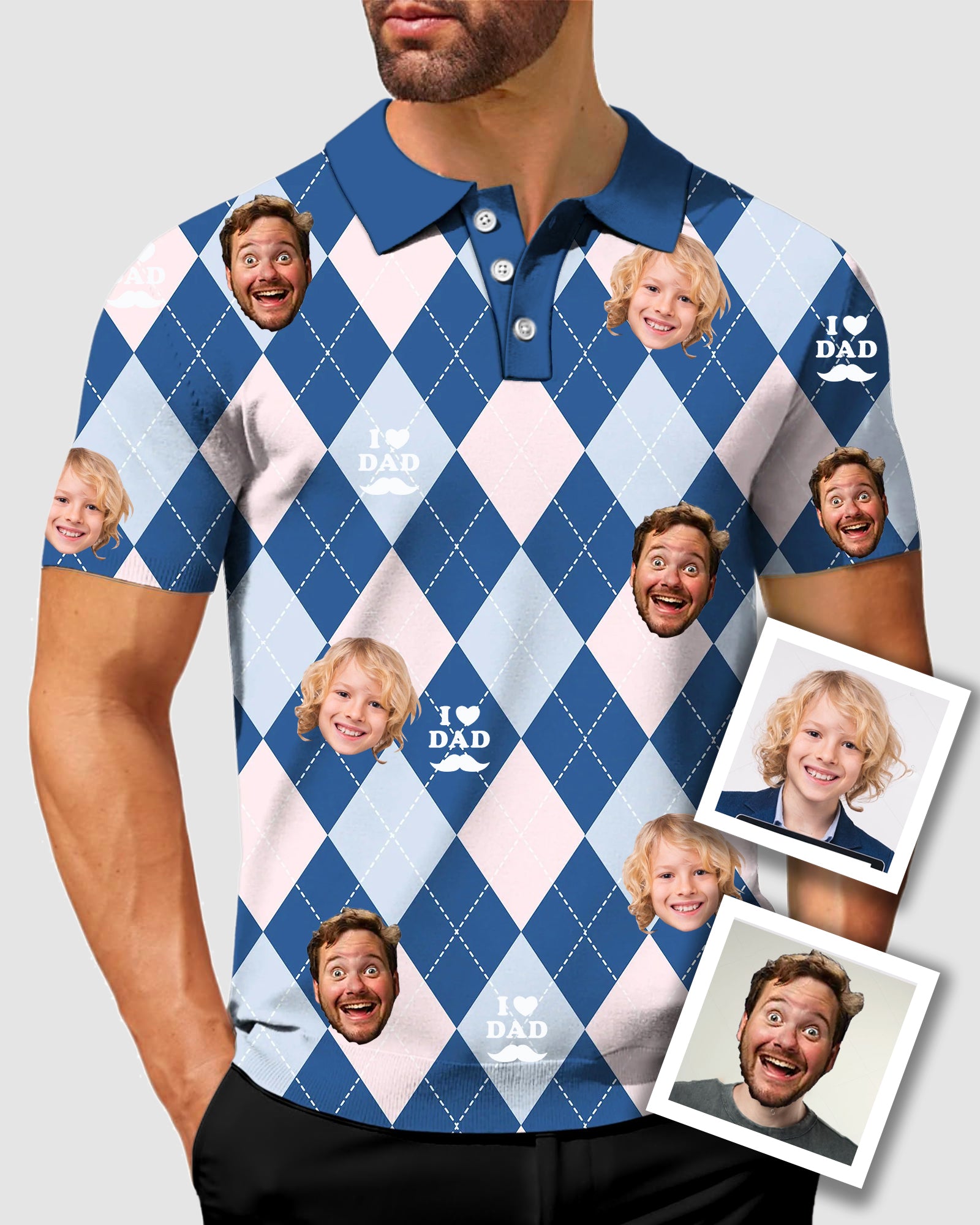 Men's To My Dad Custom Face Blue Argyle Men's Golf Polo Father's Day Gift Polo