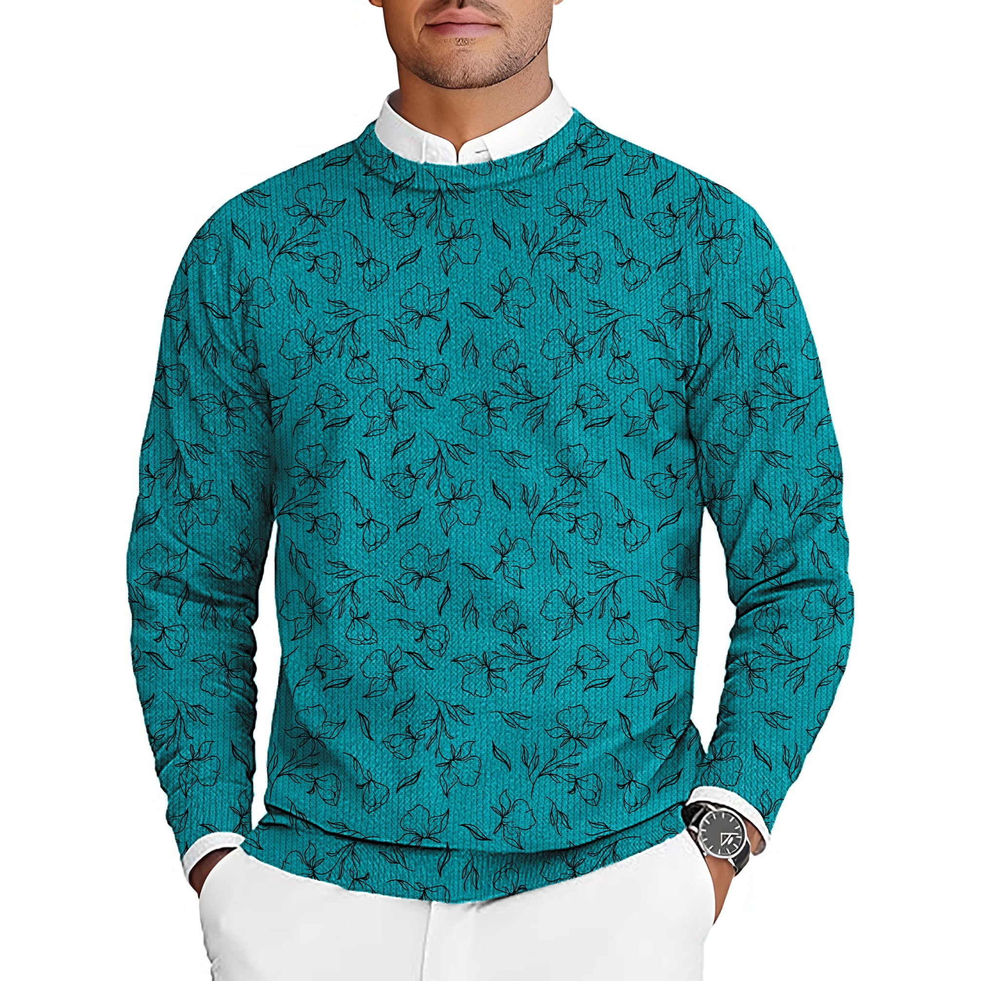men's teal crewneck pullover sweater with black floral pattern for golf tournaments