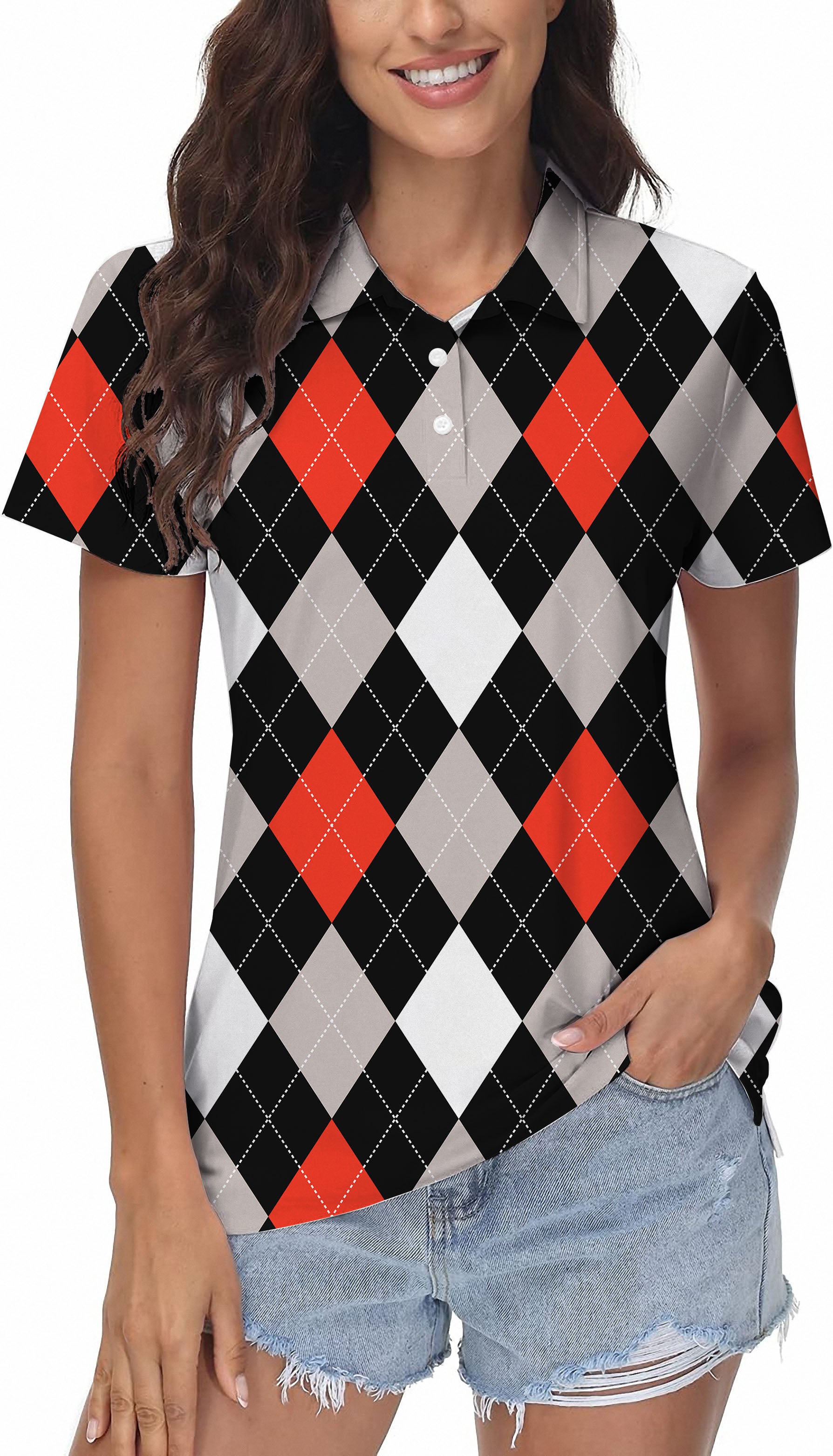 Argyle red black Women's Golf Polo