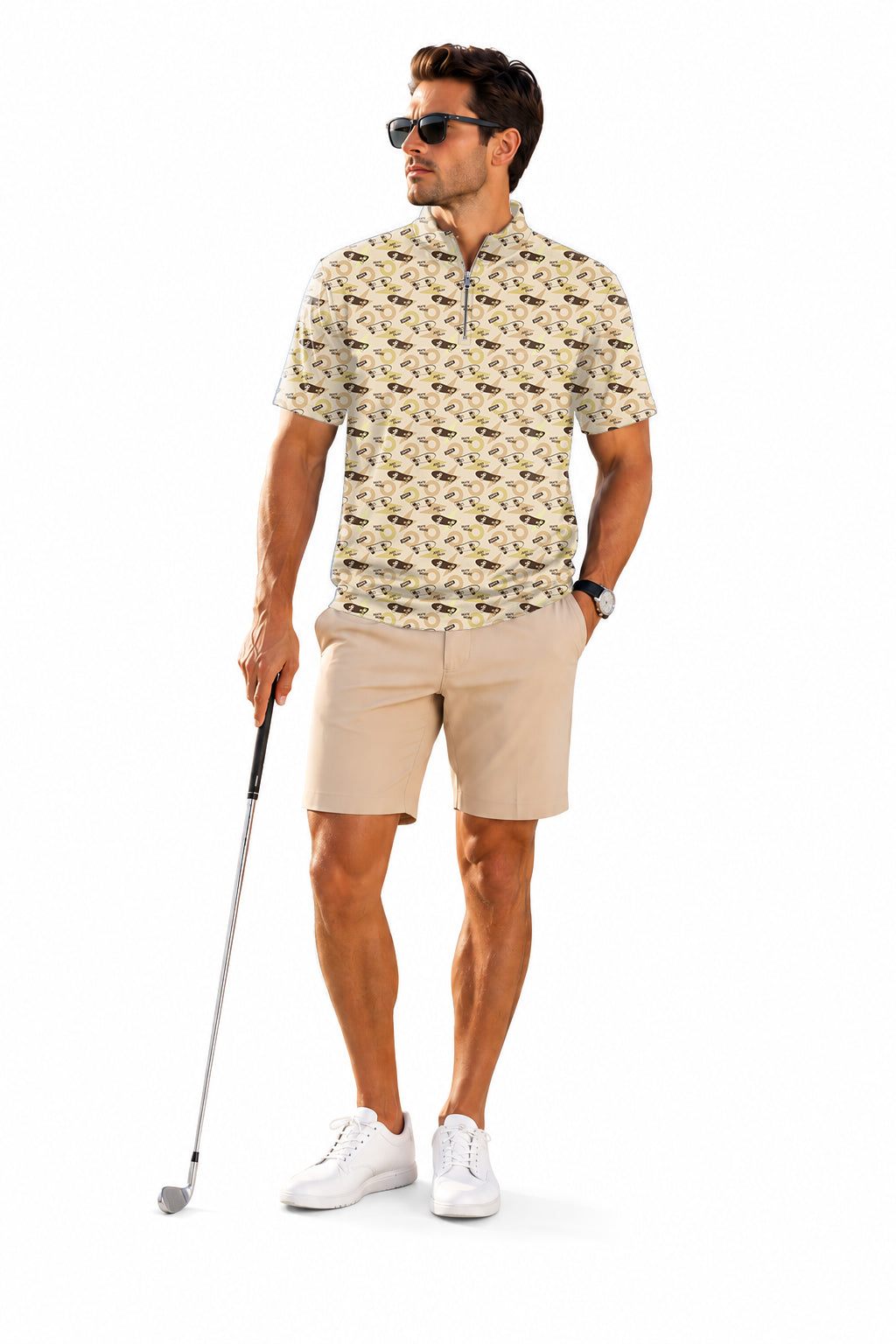 Men's Short Sleeve Quarter Zip Golf Pullover Khaki Skate More Embroidery