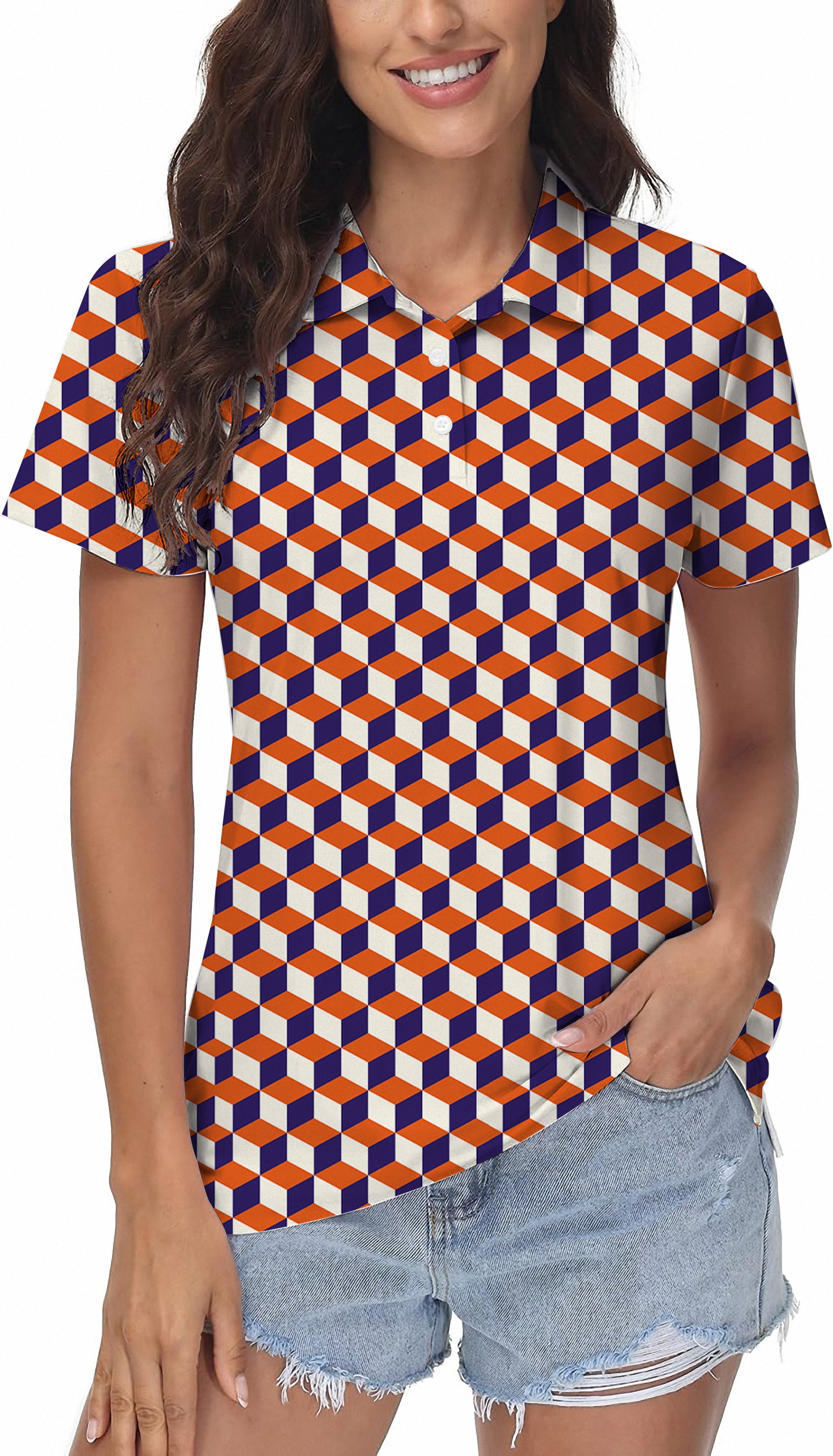 orange 3d square box Women's Golf Polo