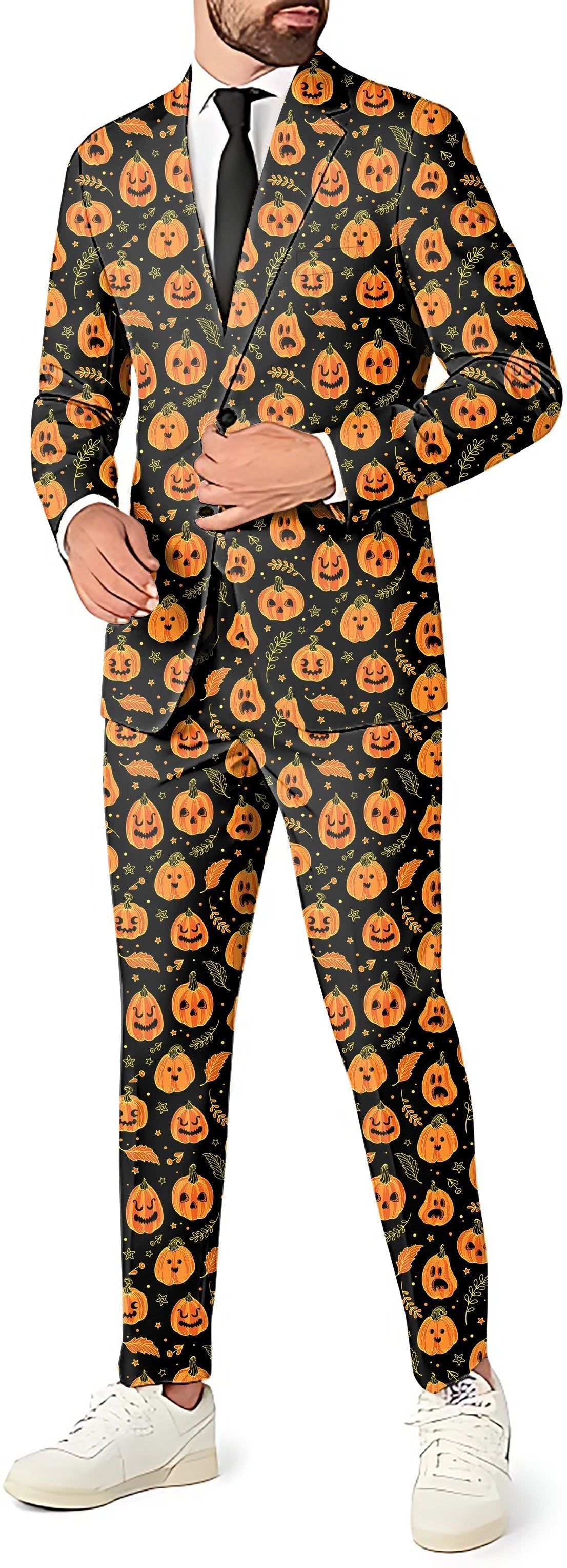 Men's Halloween Kawaii Pumpkin Bones themed blazer and pants suit set with pumpkin pattern