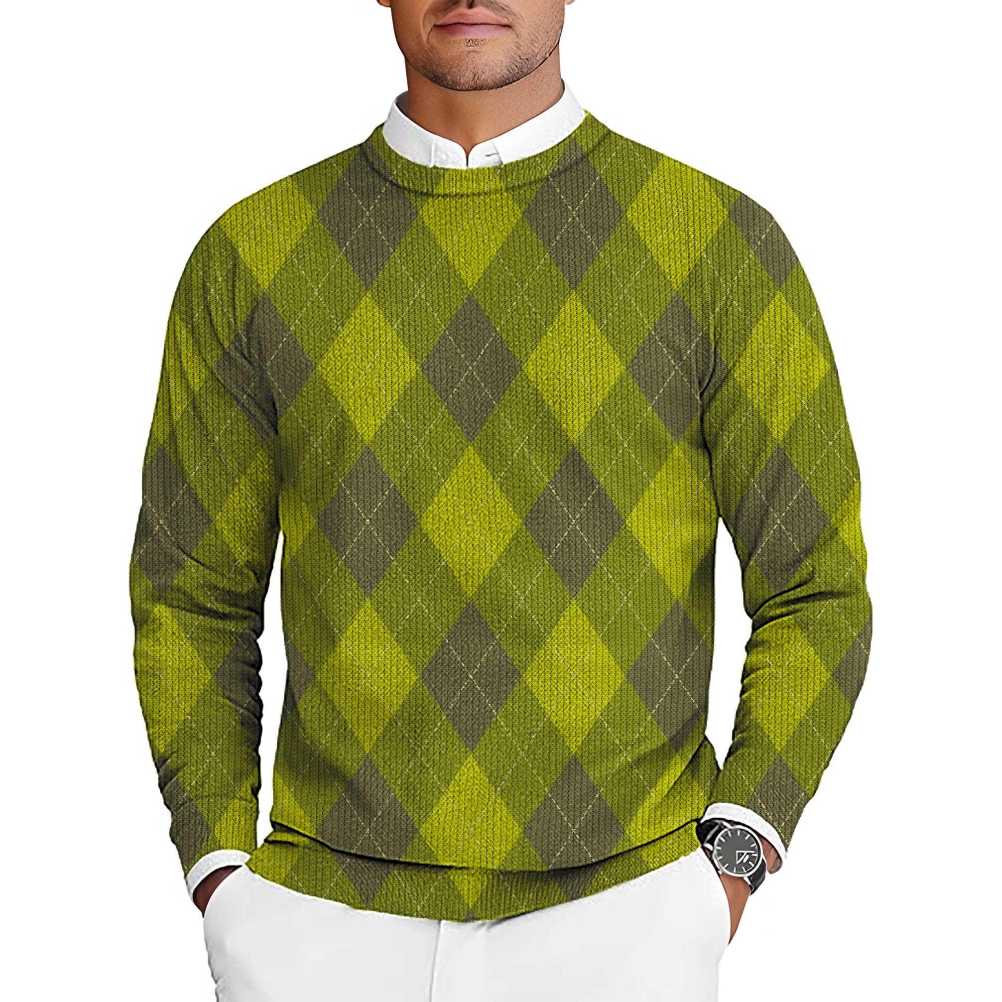 Yollow Argyle men's golf crewneck pullover sweater with green and yellow argyle pattern