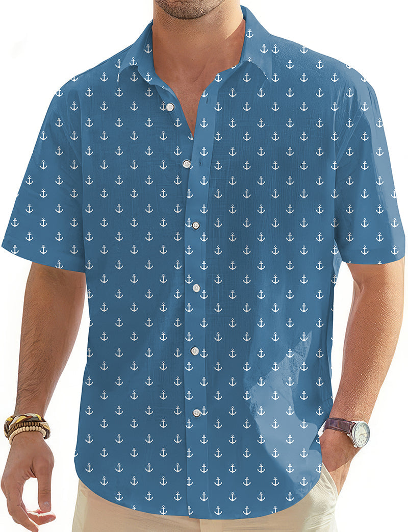 Sea Blue Anchor men's button-down Hawaiian golf shirt with short sleeves and anchor pattern