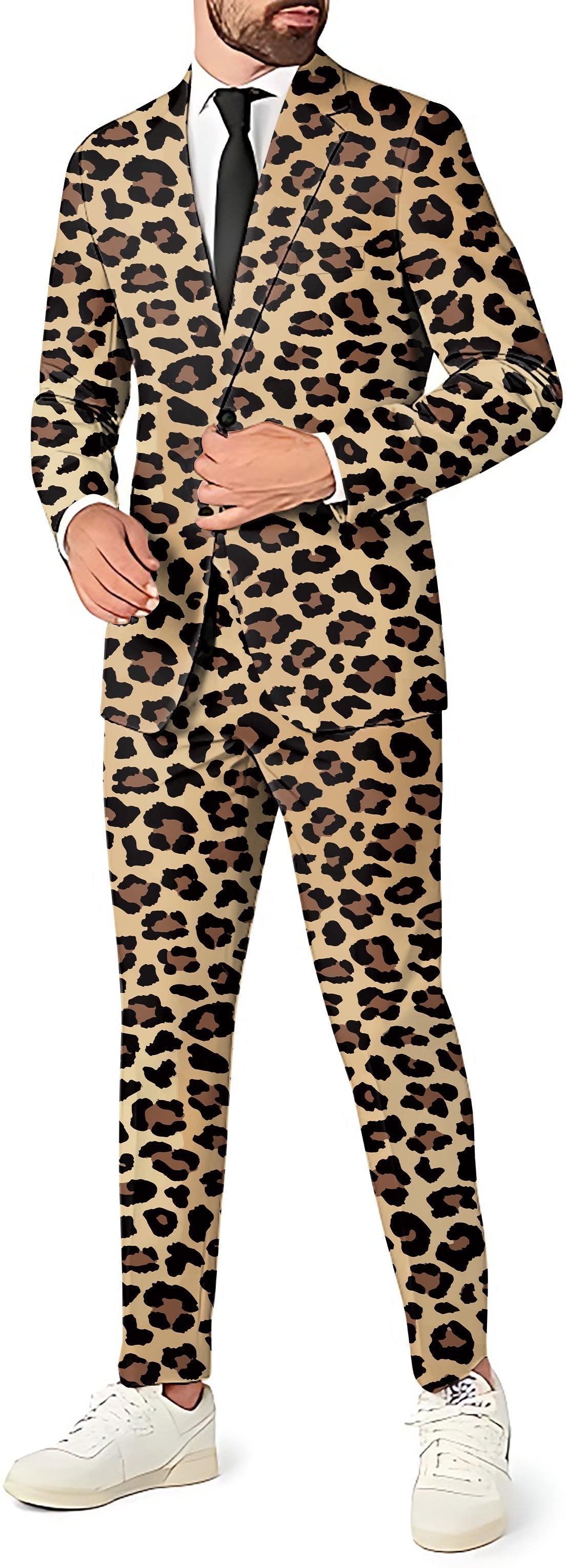 Leopard print men's slim fit blazer, pants, and vest party suit set with button closure and modern tailored cut