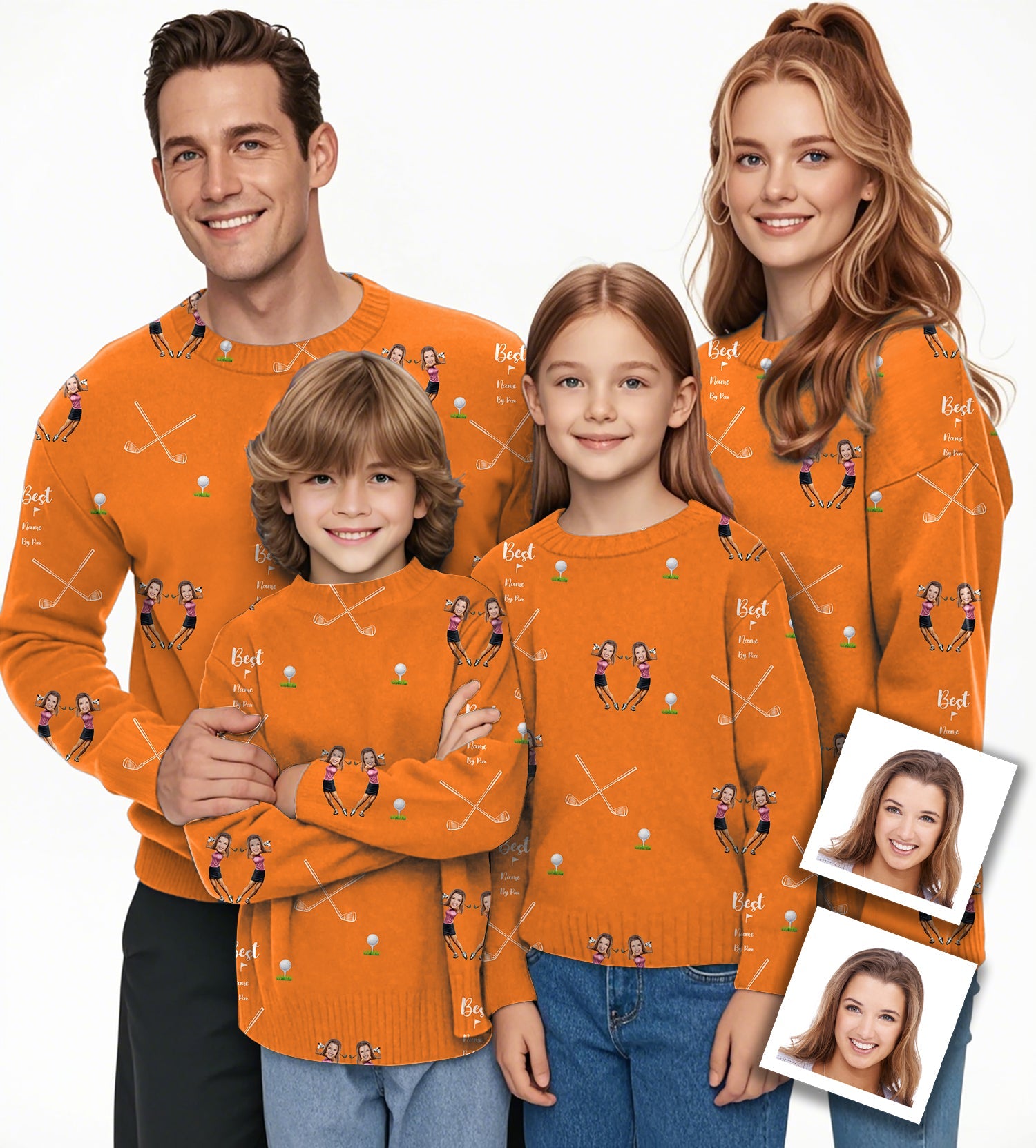 Family wearing custom sister photo face orange crewneck ugly sweaters with golf design
