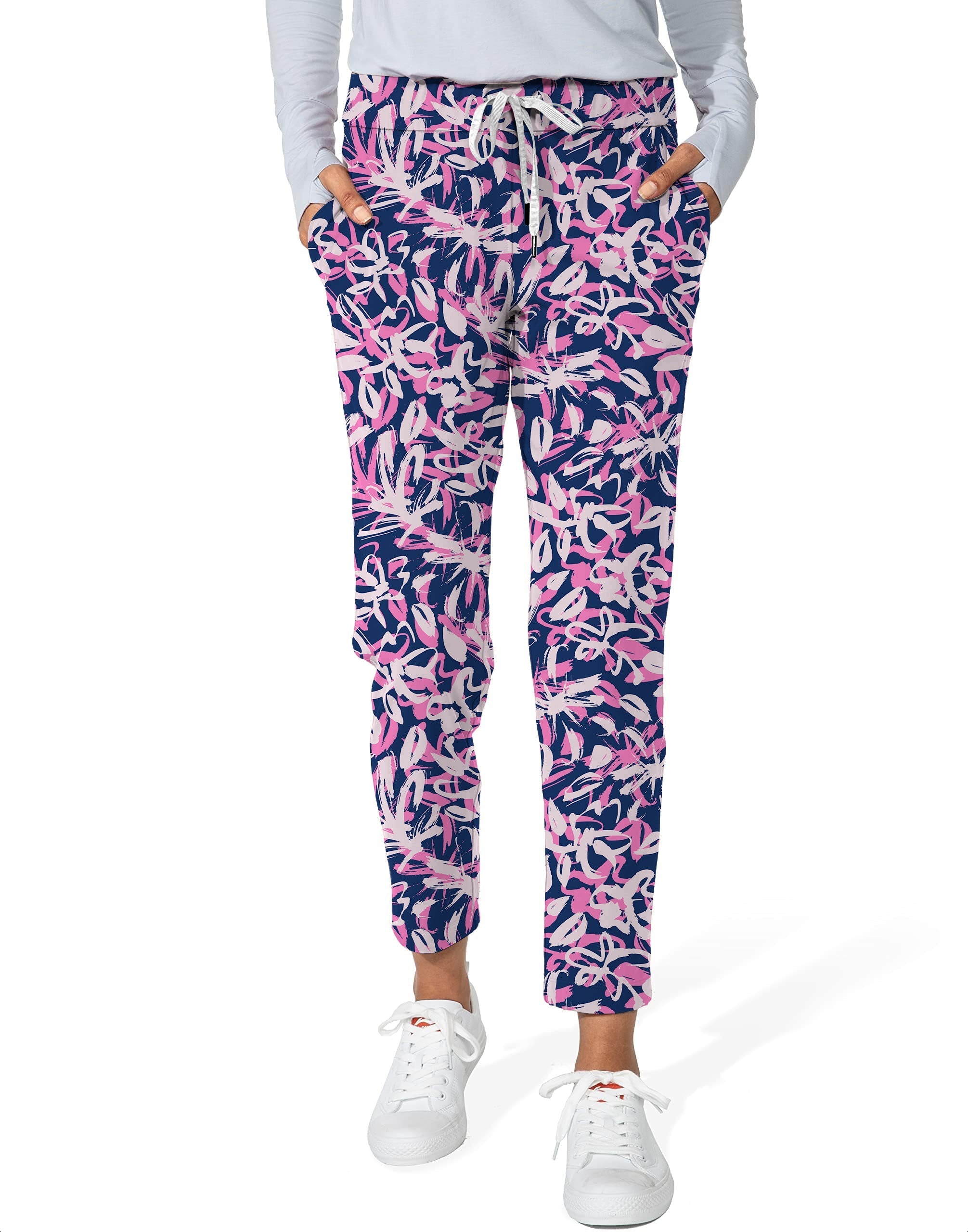 Draw Flowers Women's 7/8 stretch ankle golf pants with floral pattern, elastic waistband, and deep side pockets.