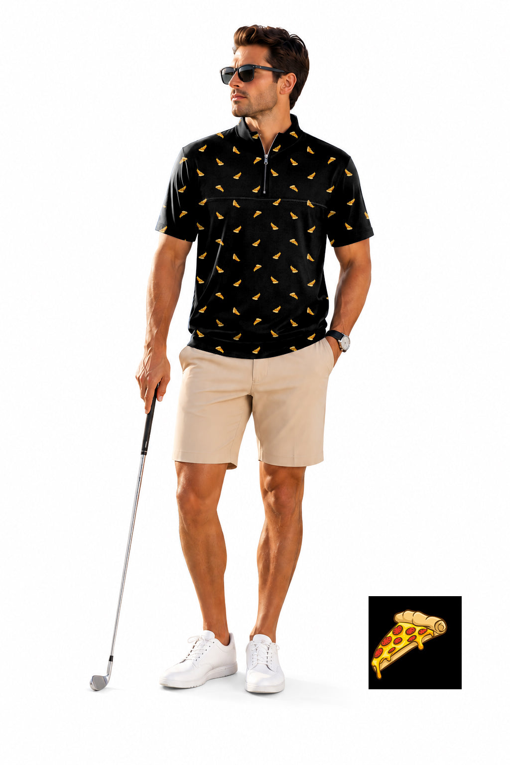 Men's Short Sleeve Quarter Zip Golf Pullover Delicious White Pizza The Background Color Embroidery