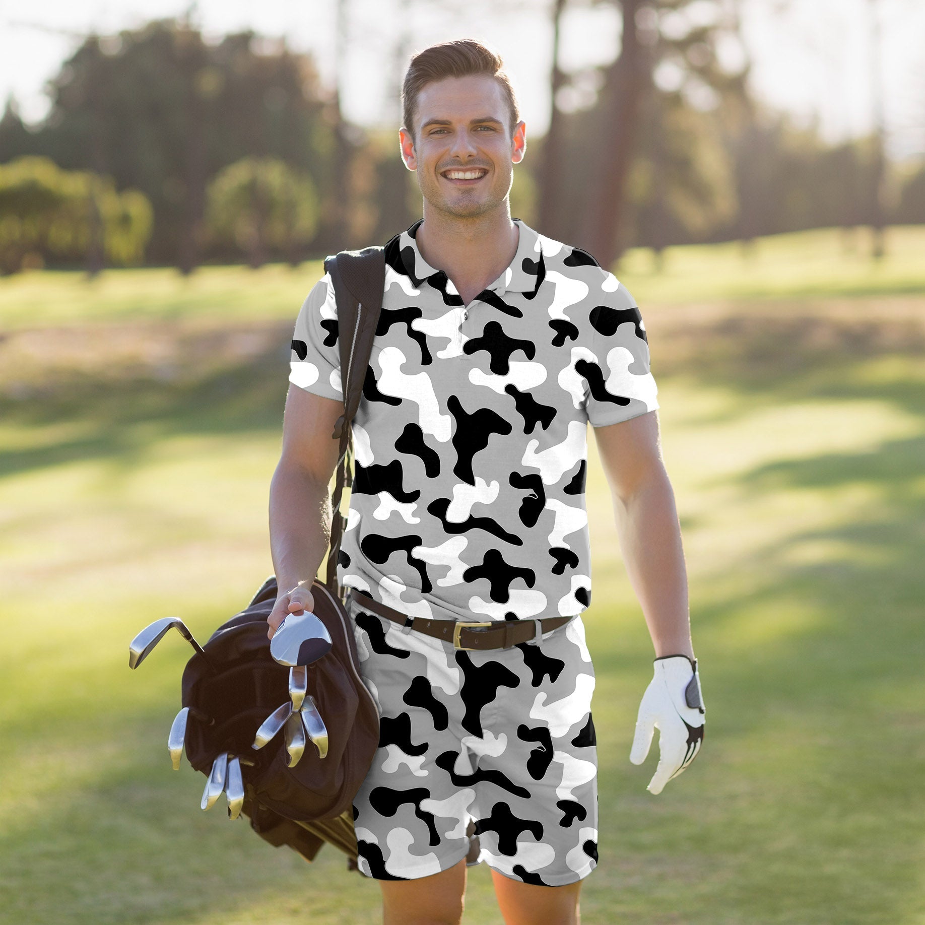 Men's golf set with grey camouflage polo and shorts, breathable, moisture-wicking, four-way stretch, UPF 40+ protection, and wrinkle-resistant fabric.