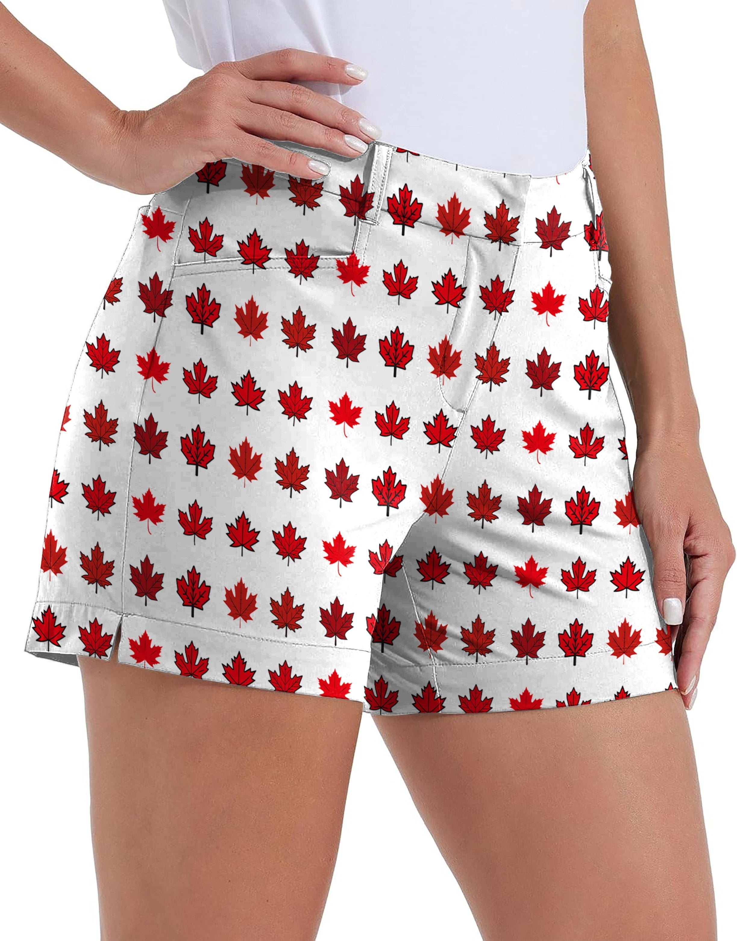 Women’s quick-drying golf shorts with Canada red maple leaves print and pockets