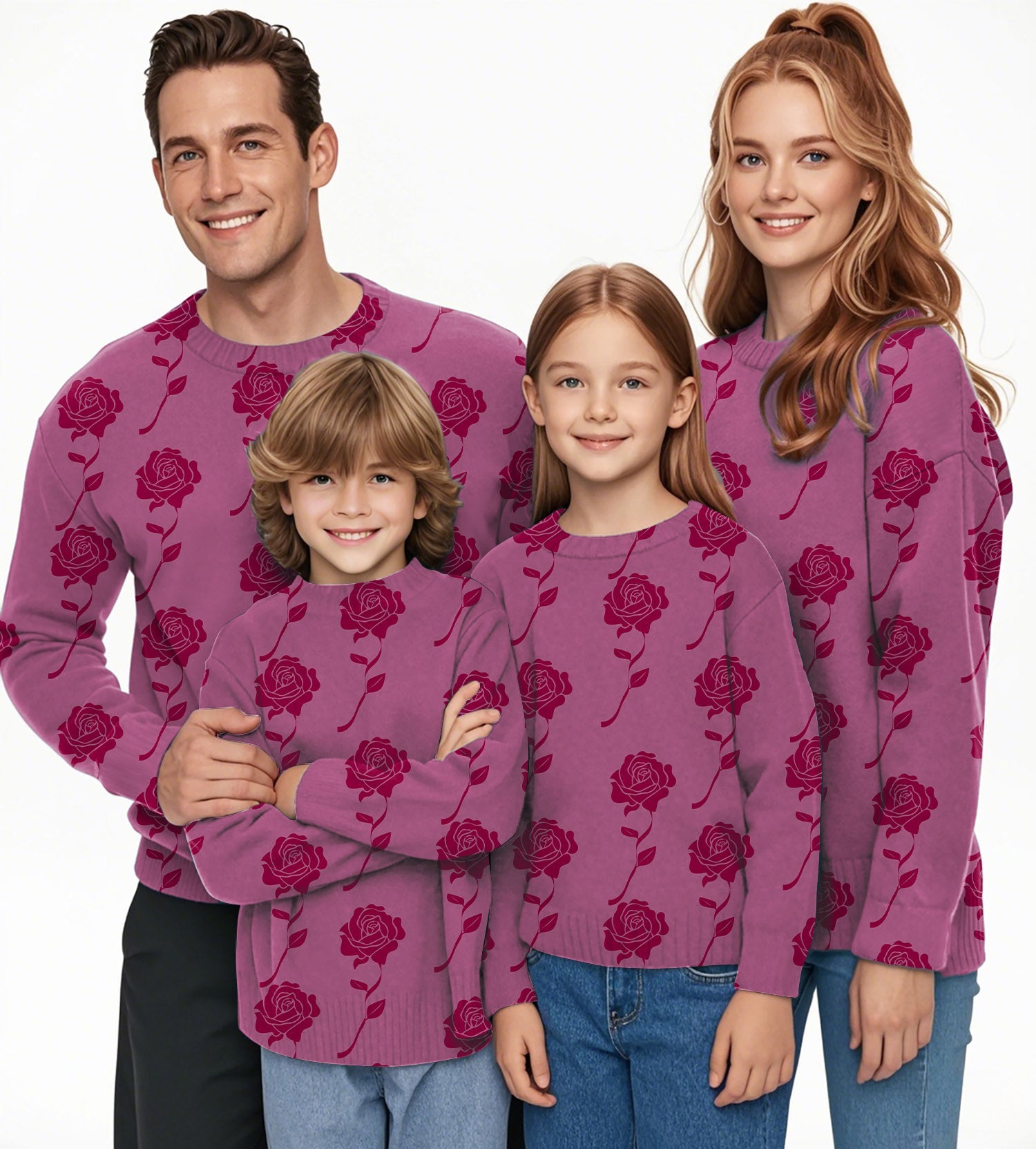 Family wearing Red Roses Limited Edition crewneck pullover ugly sweaters for men, women, and children