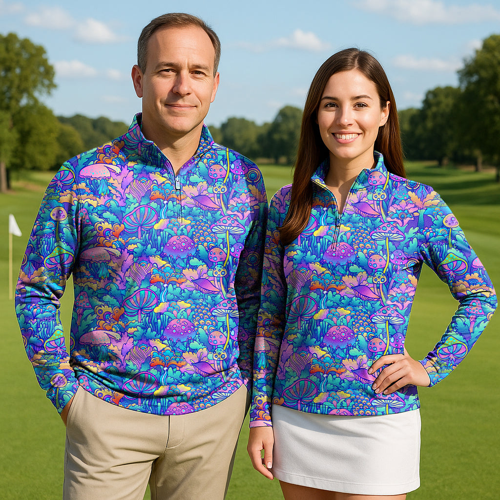 Couple wearing vibrant Magic Mushroom Couple Golf active 3/4 zip tops with long sleeves on golf course