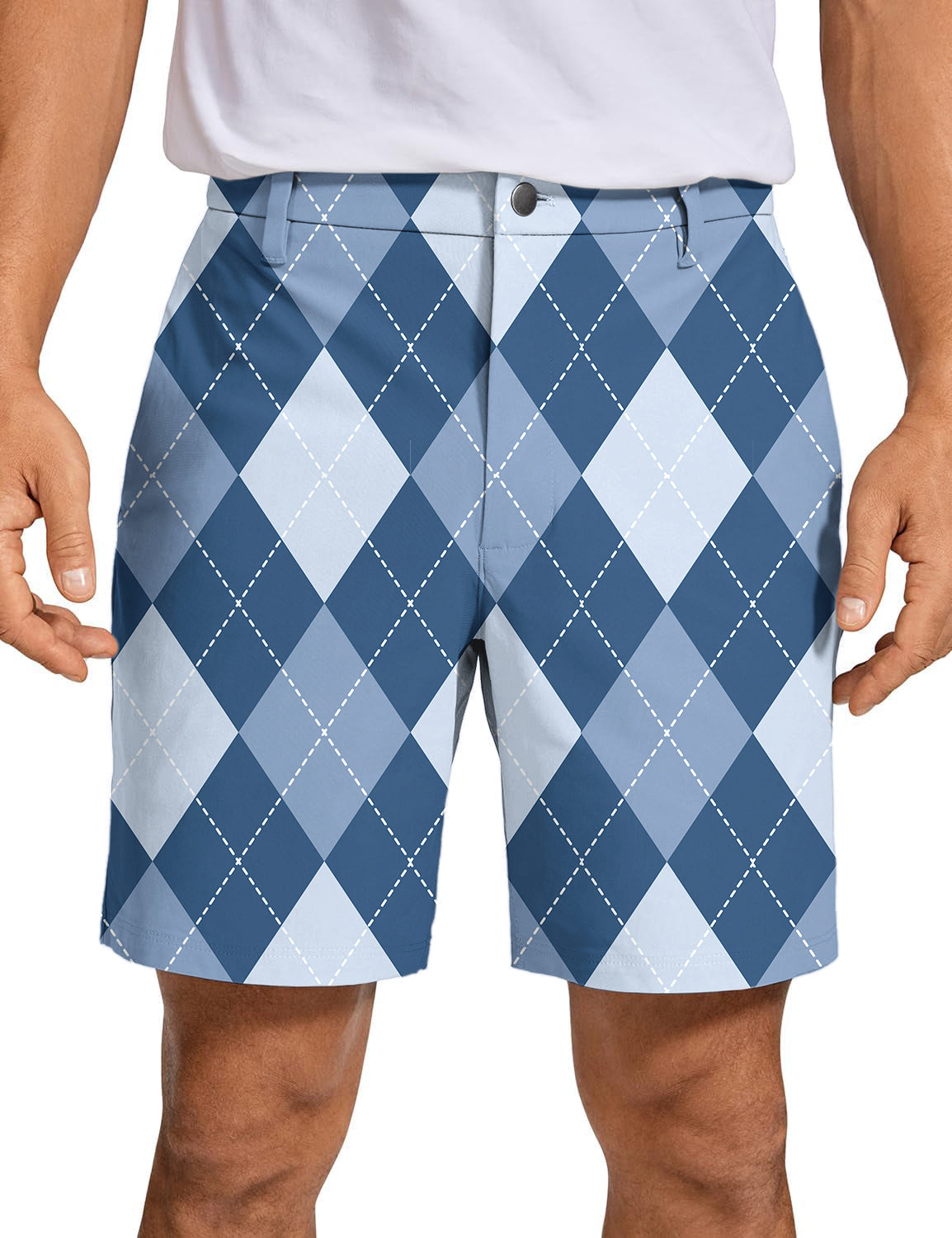 Men's blue argyle golf shorts with quick-dry, breathable, and stretch fabric for comfort and style
