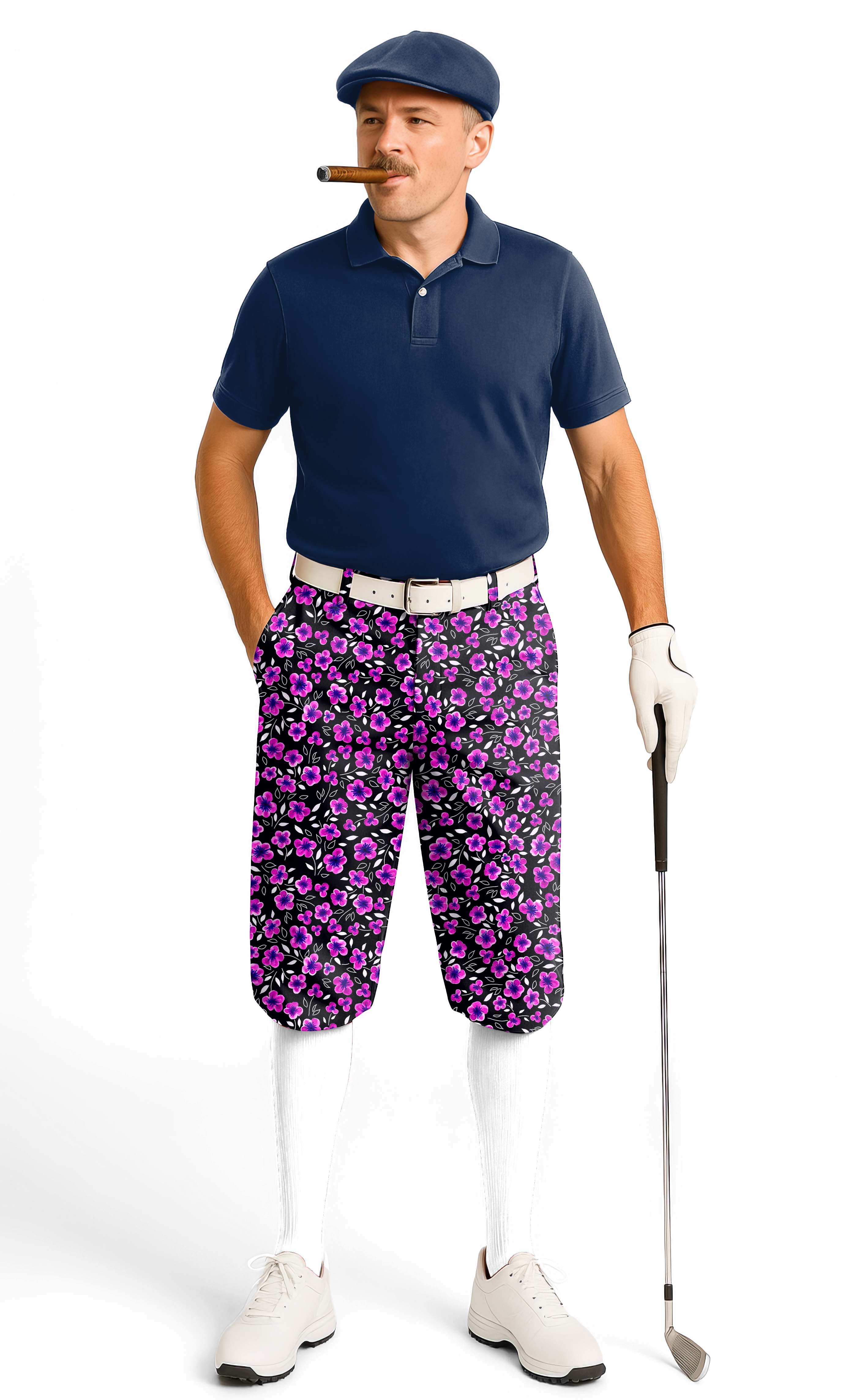 Men's golf knickers with floral pattern, soft breathable fabric, and adjustable Velcro waist