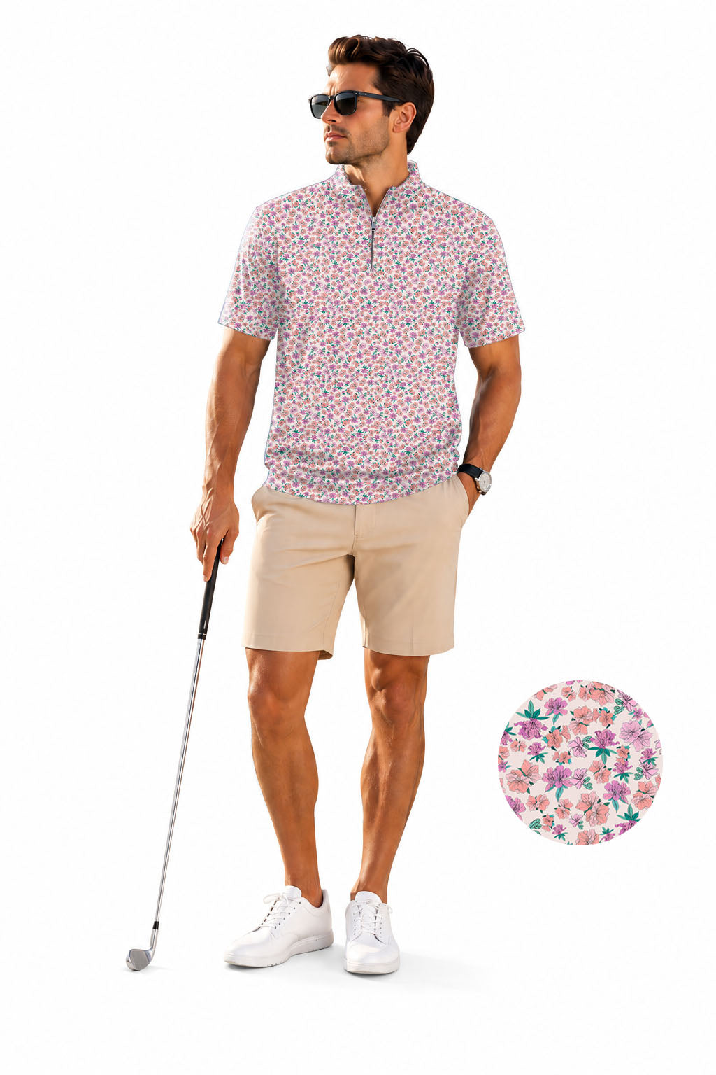 Men's Short Sleeve Quarter Zip Golf Pullover Flower World Embroidery