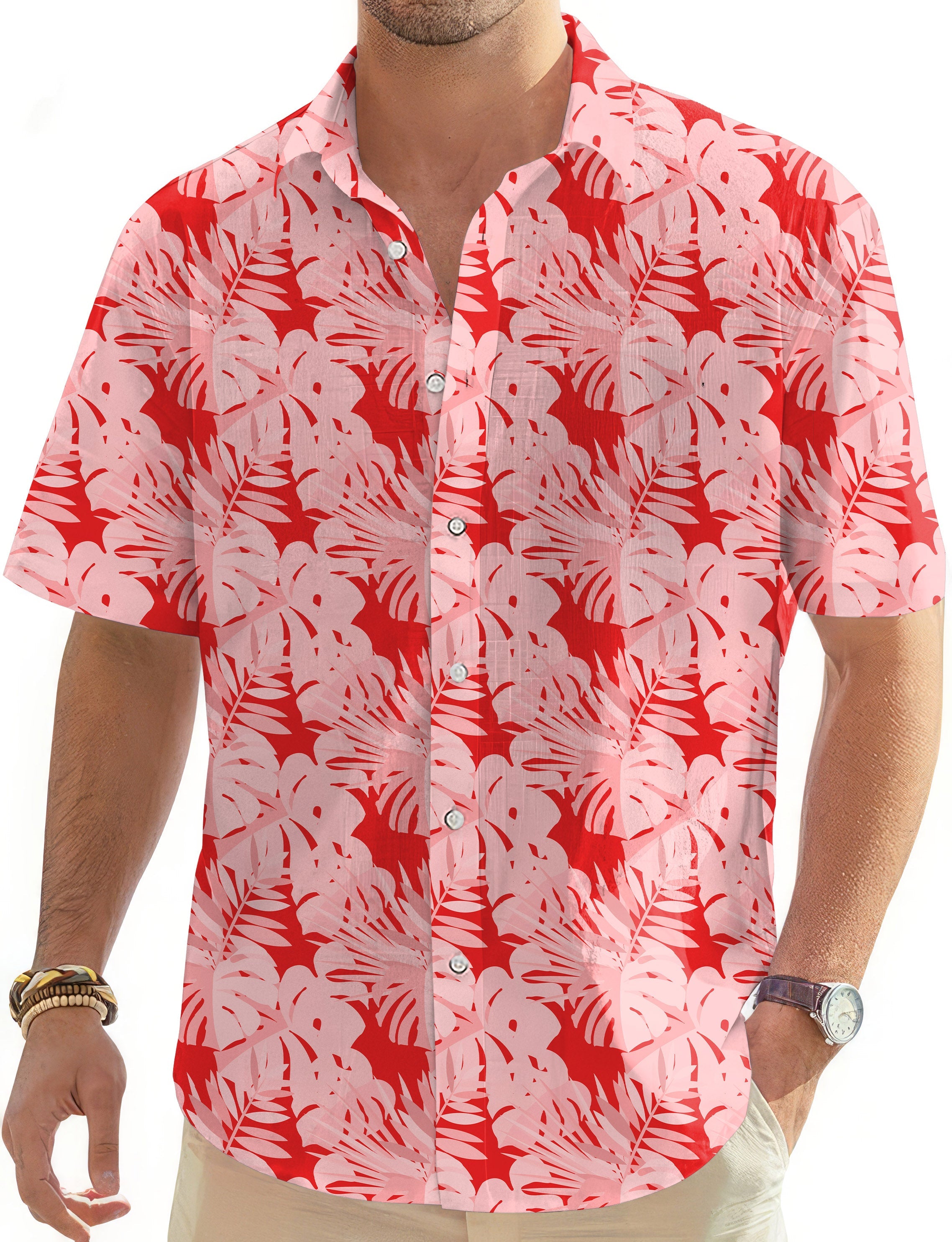 men's button-down shirt with red tropical leaves pattern and short sleeves