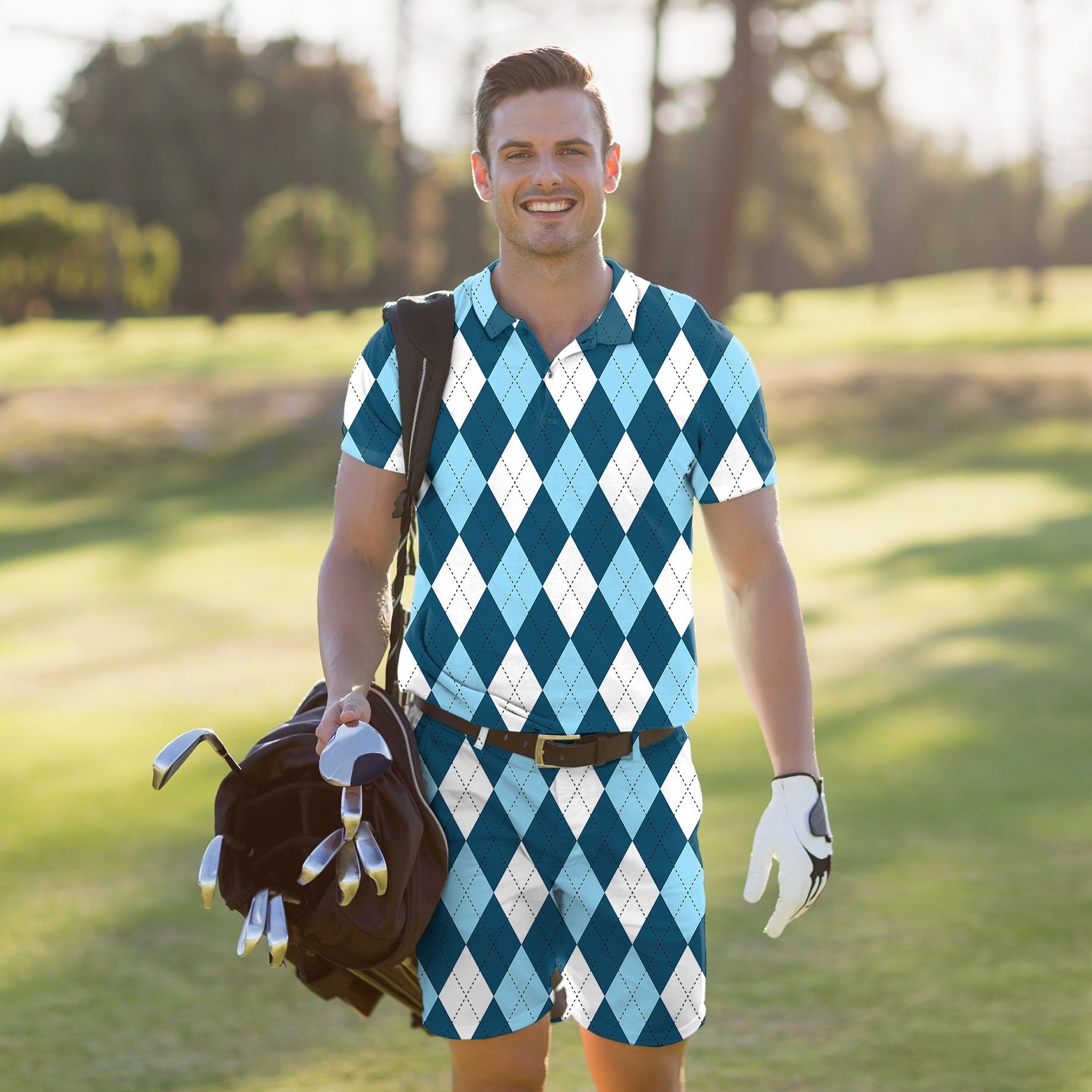 Men's golf set with diamond pattern polo and shorts in moderate blue, moisture-wicking, stretchy, wrinkle-resistant, UPF 40+ protection, classic fit, and stay-right collar.