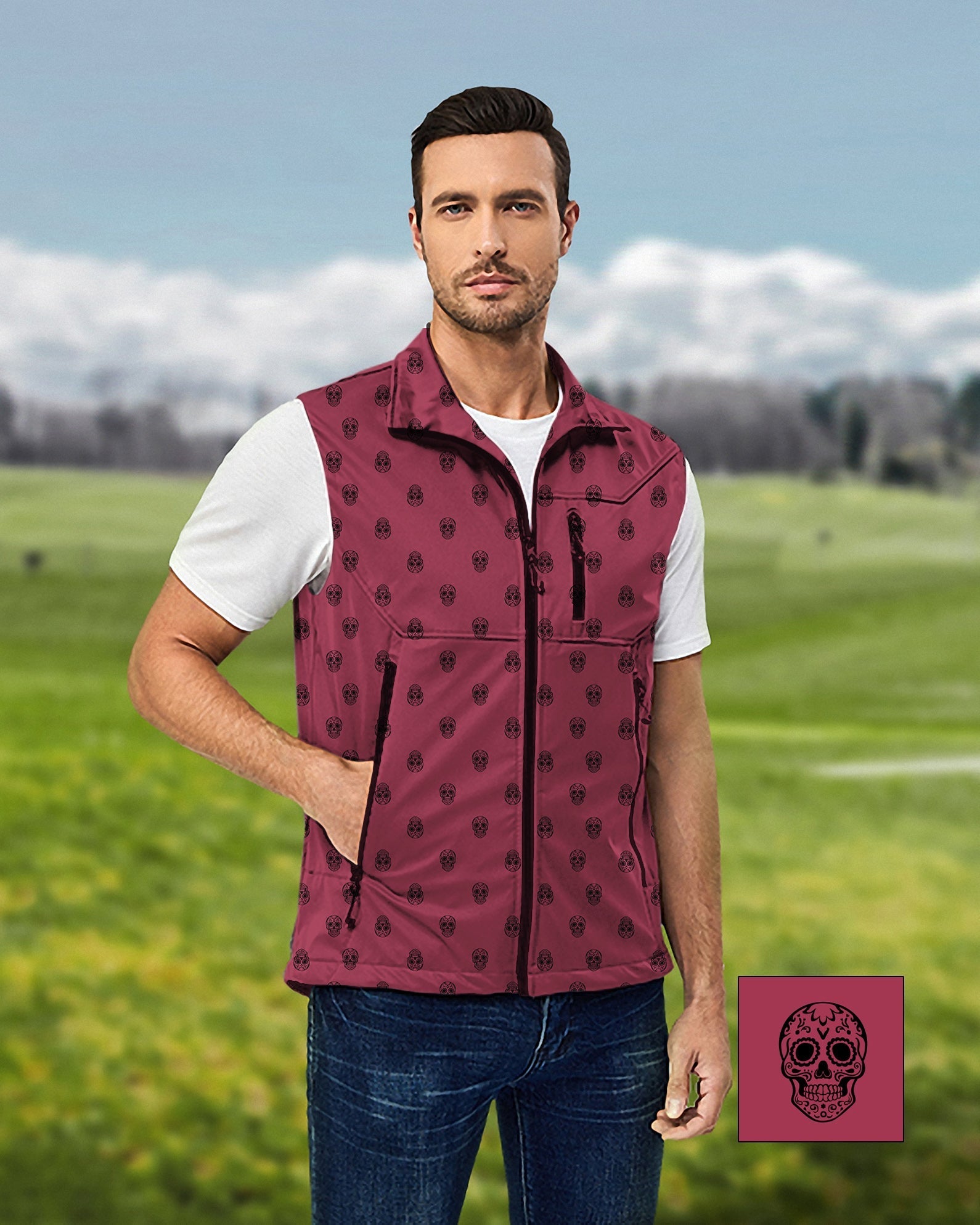 Men's Skull Custom sleeveless softshell vest in maroon with black skull pattern, lightweight and windproof golf jacket
