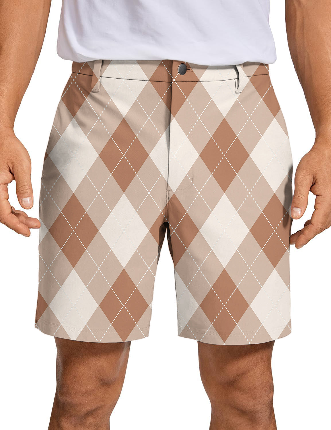 Men's brown argyle patterned golf shorts with quick dry, breathable fabric and two-way stretch for performance and comfort