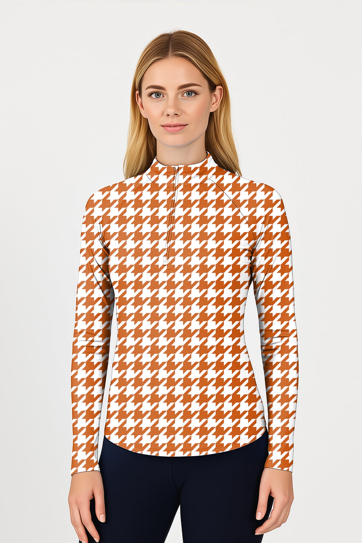 Halloween yellow and white houndstooth Women's Golf Active 3/4 Zipper Top Long Sleeves