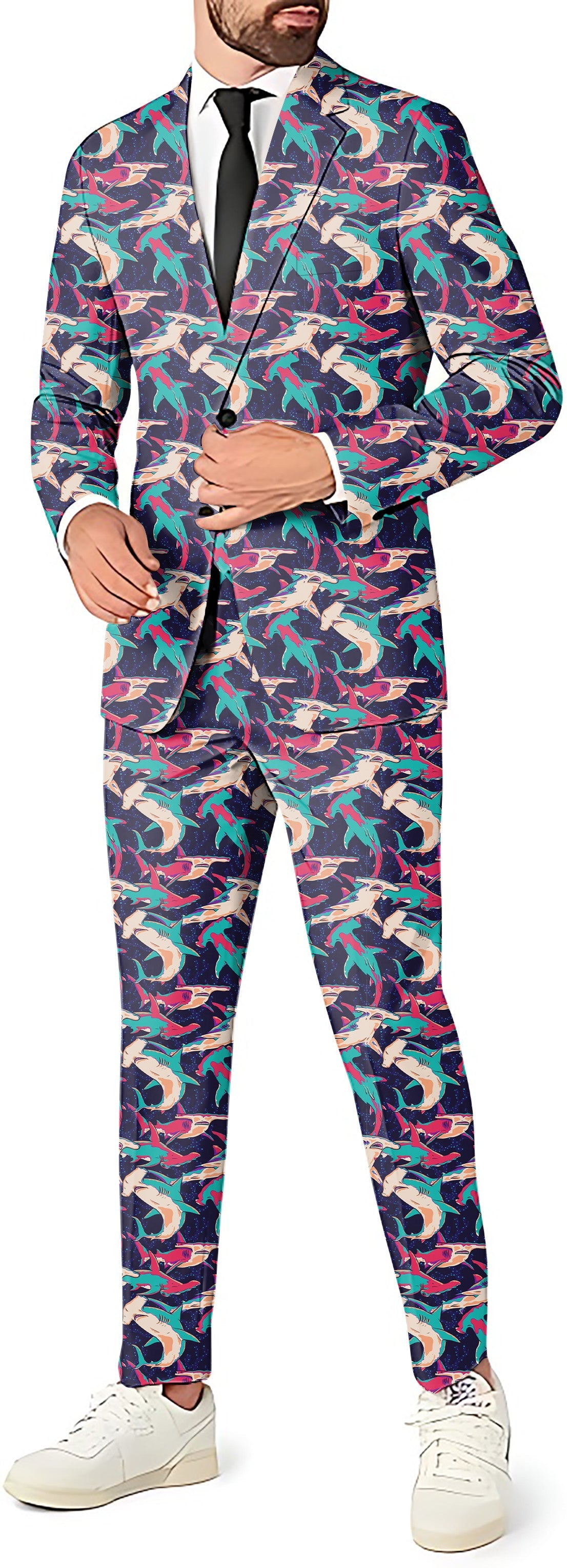 Hammer Time men's party costume suit set with blazer, pants, and vest in colorful abstract print