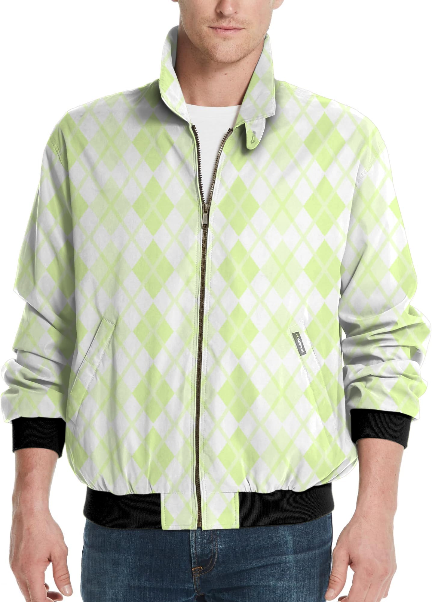 Men's light golf windbreaker jacket with green grid pattern and black cuffs