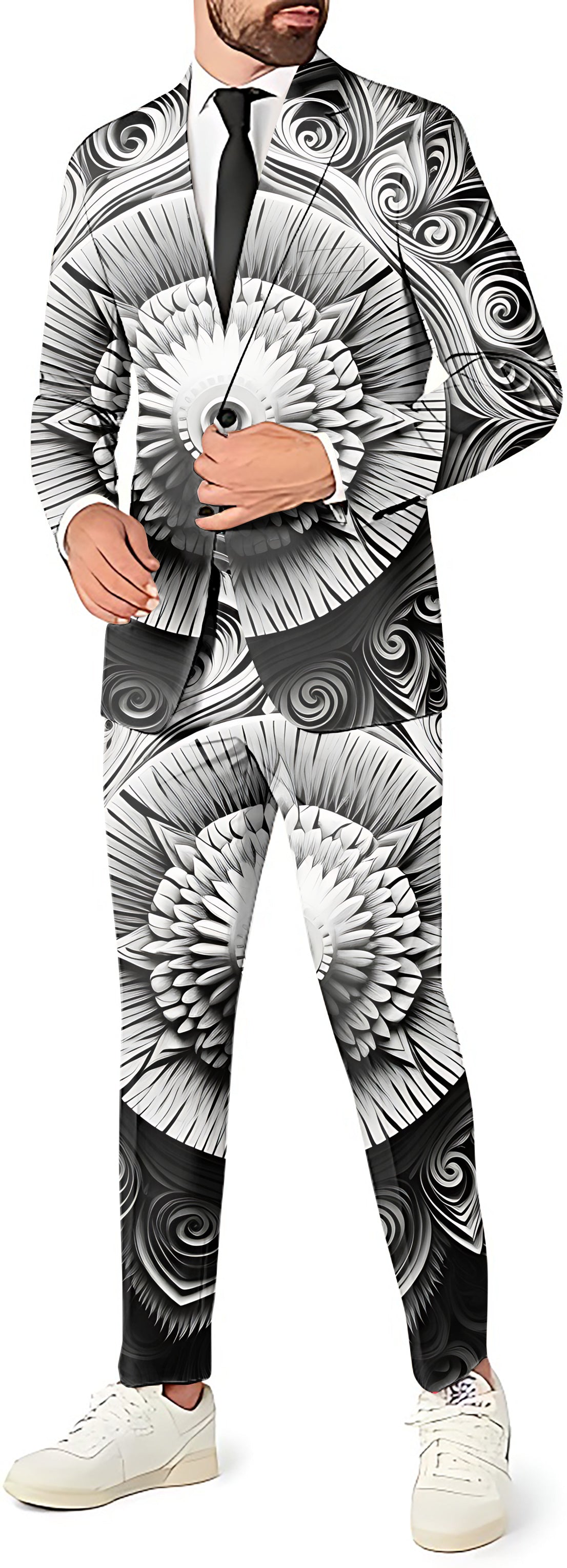 Artistry Motion Men's black and white patterned party costume suit with blazer, vest, and pants