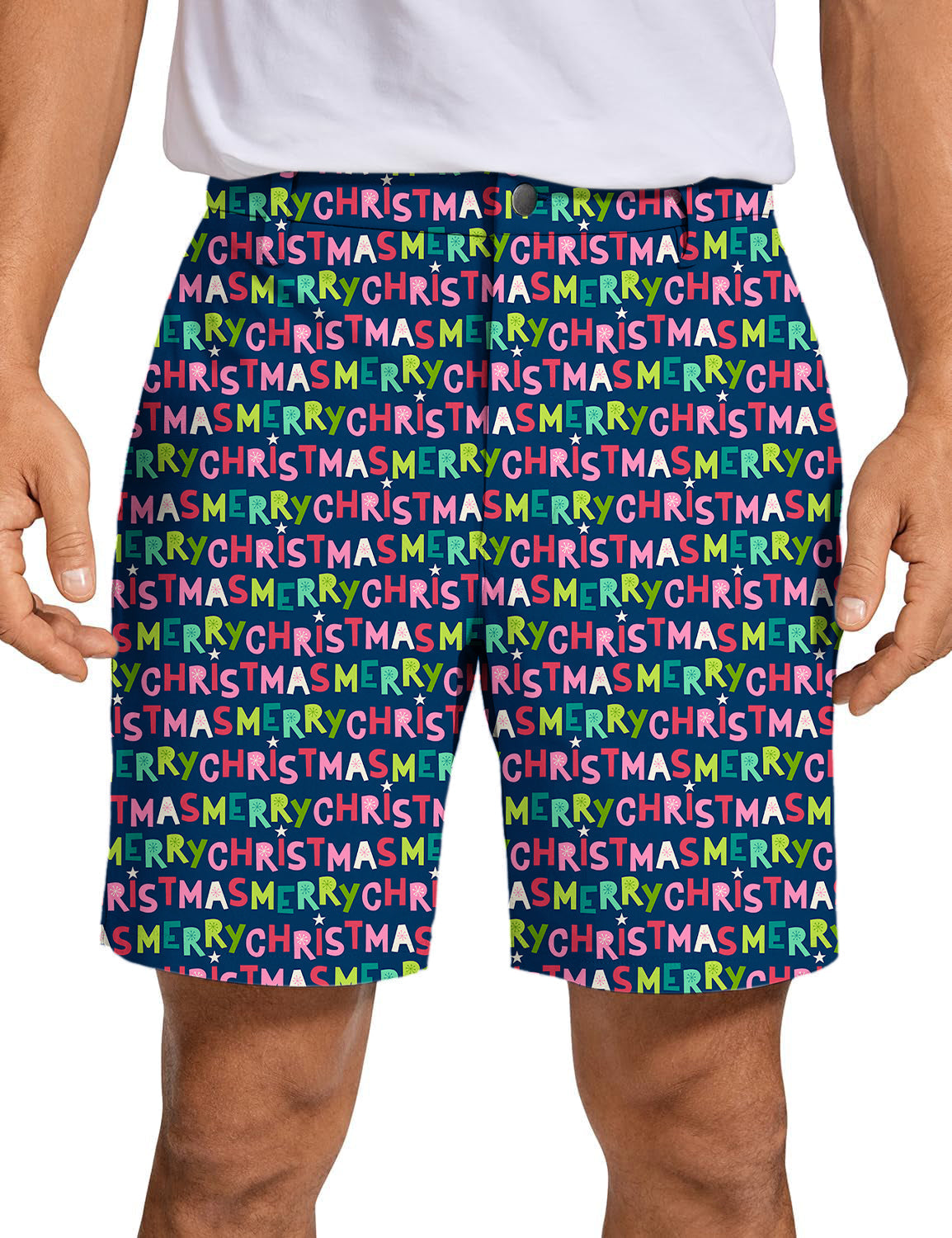 Men's Stars Snowflakes Christmas golf shorts with colorful "Merry Christmas" text pattern, lightweight and quick-dry fabric.