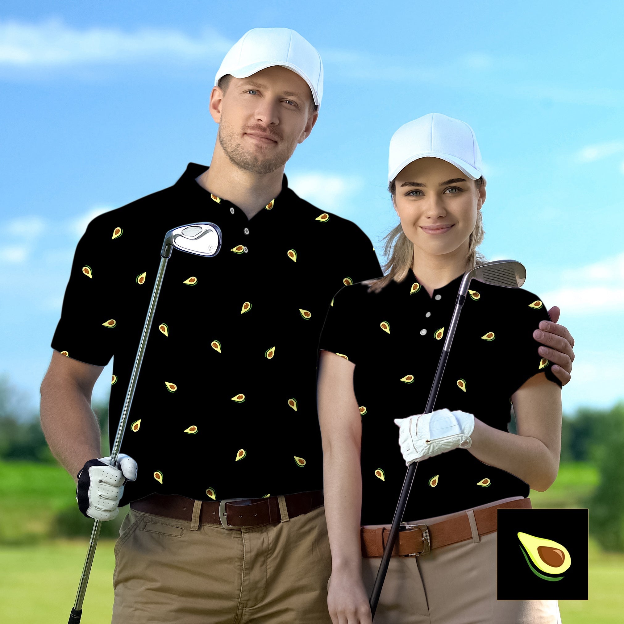 Couple wearing custom black golf shirts with avocado prints and white caps on golf course