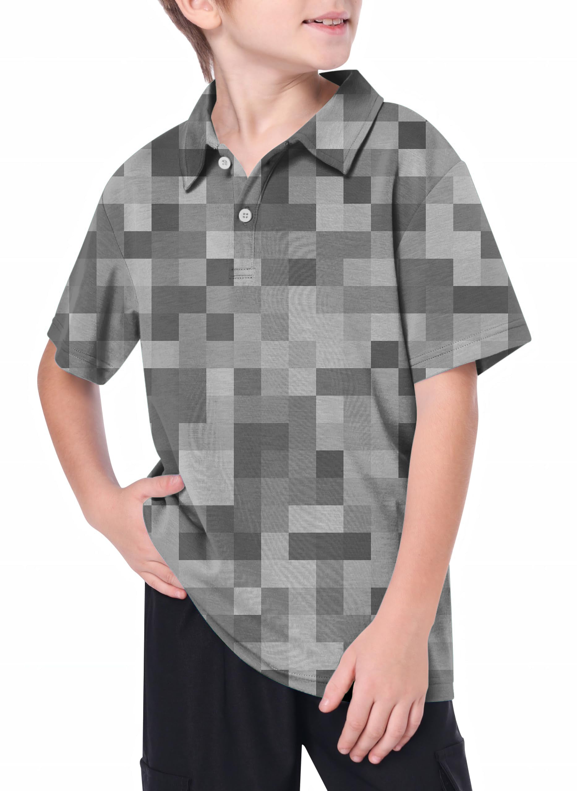 Youth Grey Pixel big golf polo shirt for youth with pixelated grey pattern and short sleeves