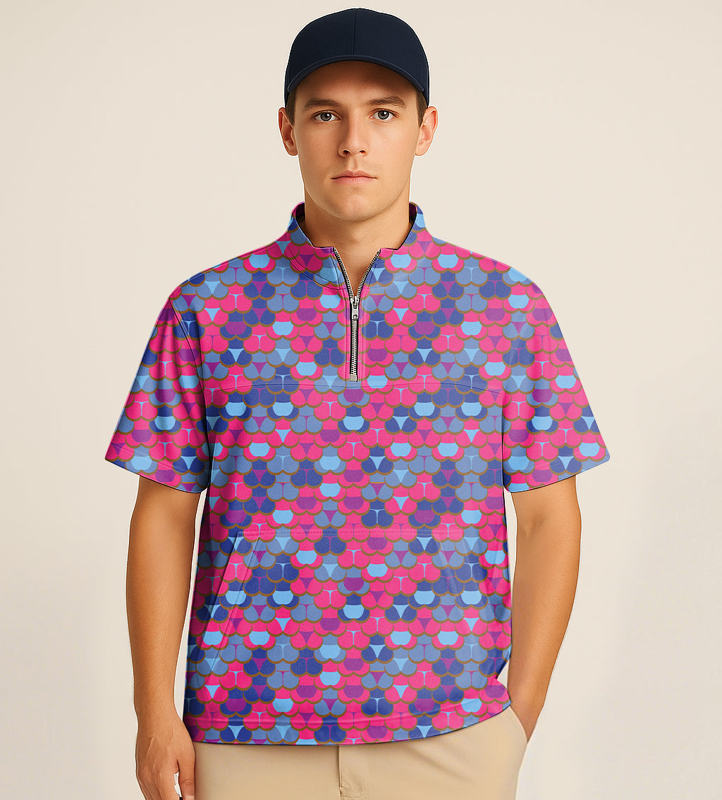 Men's half zipper turtleneck golf shirt with colorful embroidered pattern and short sleeves