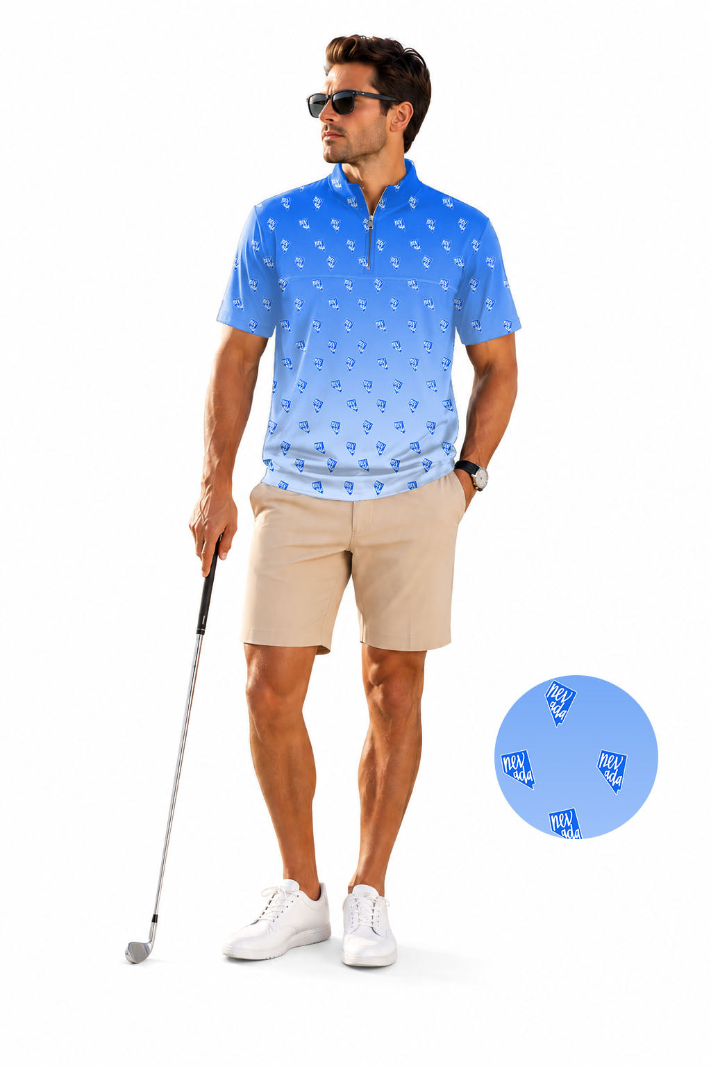 Men's Short Sleeve Quarter Zip Golf Pullover Blue Nevada Embroidery