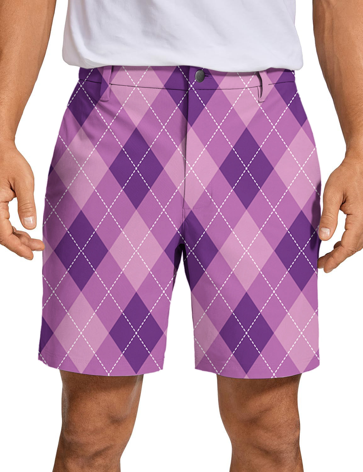 Men's purple Argyle golf shorts with breathable, quick-dry fabric and stretch fit