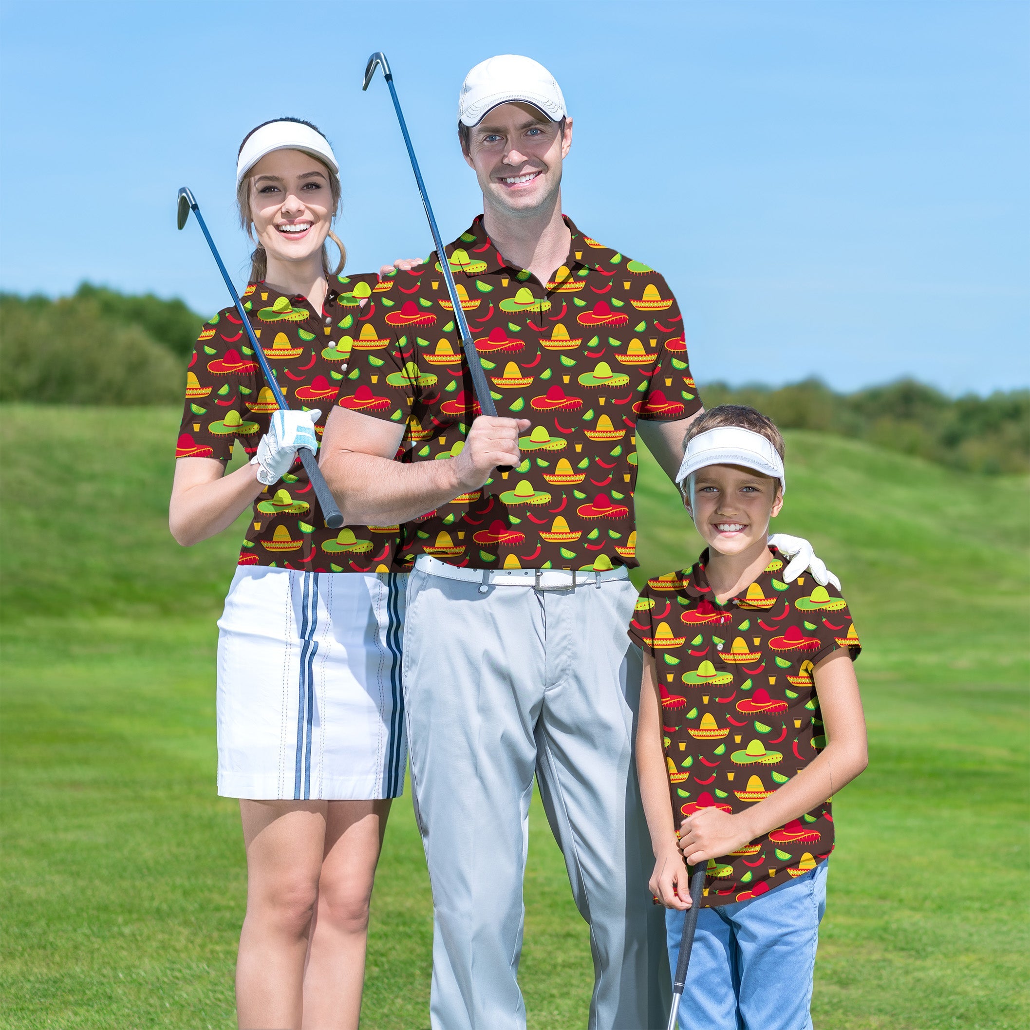 Family golf group wearing Taco Tuesday set shirts with sombrero and taco patterns on green golf course
