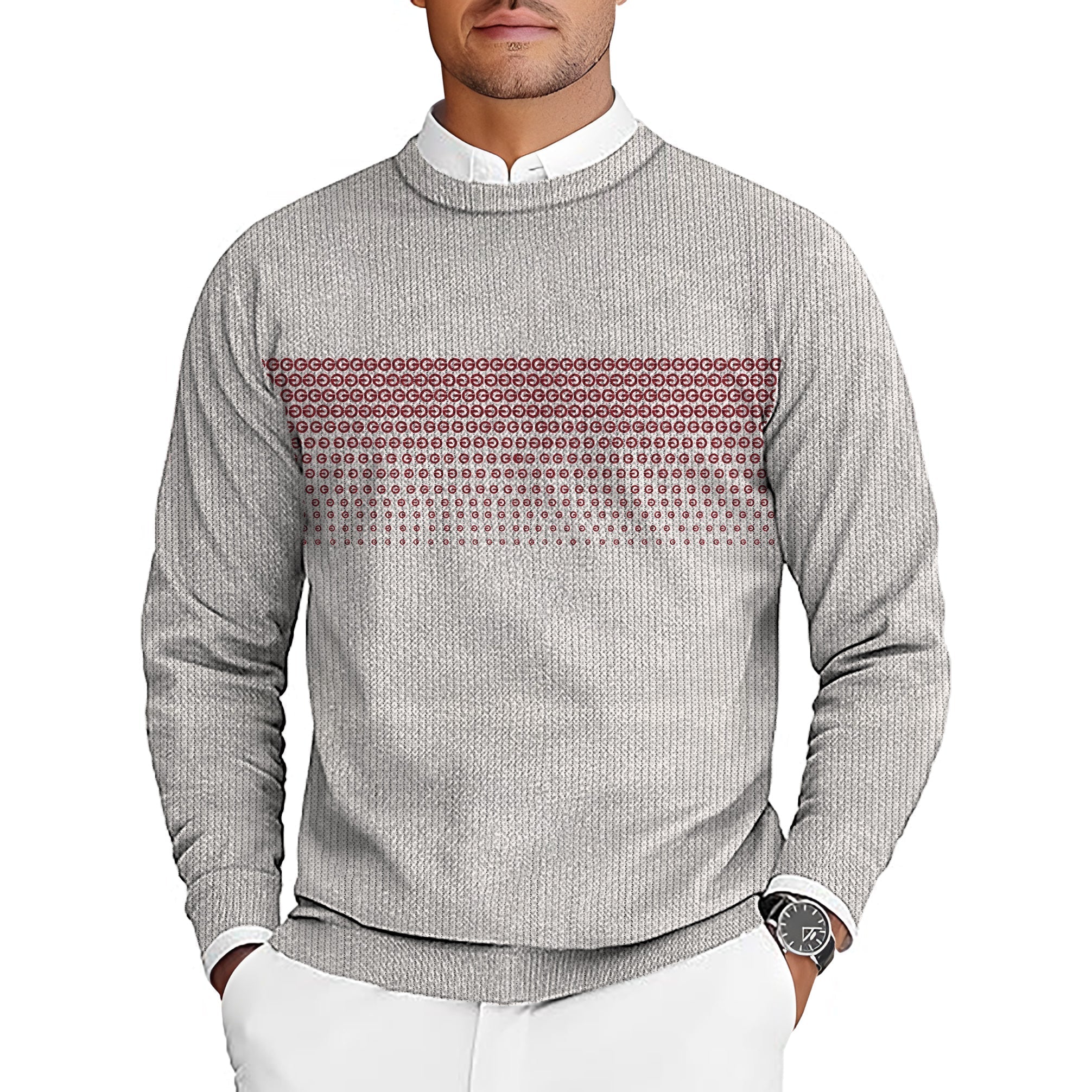 Red G Men's Golf gray crewneck pullover sweater with red pattern across chest