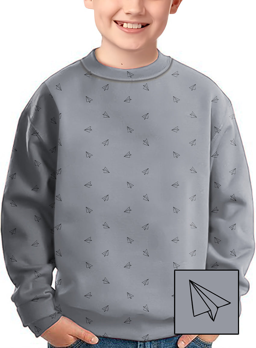 Kids gray crewneck pullover with small black paper airplanes pattern