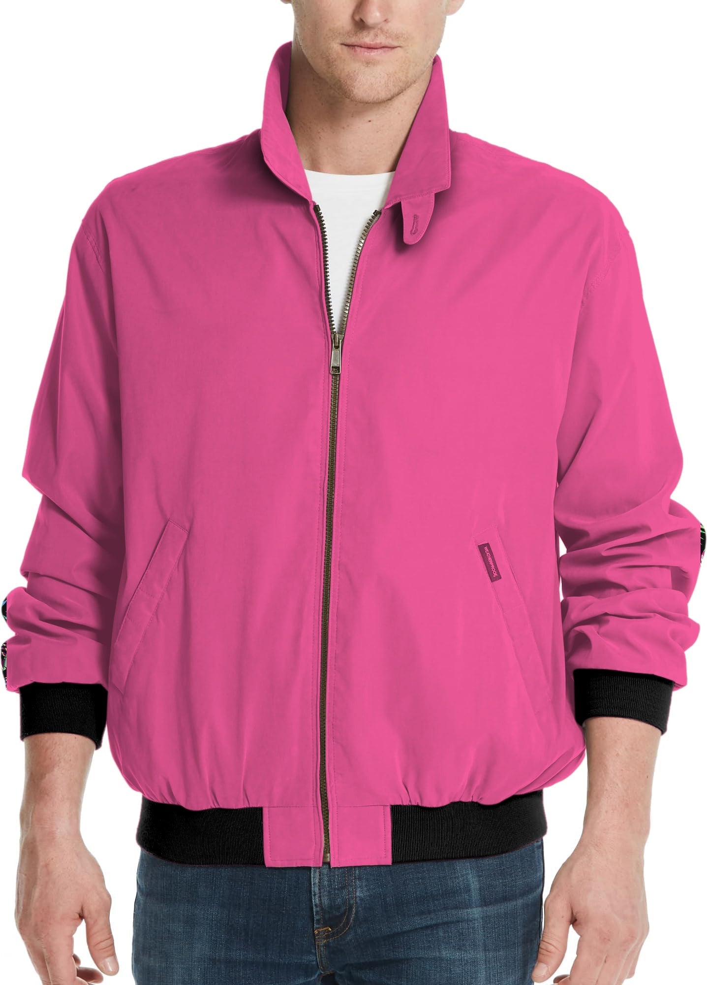 Men's pure fuchsia golf windbreaker jacket with front zipper and black cuffs