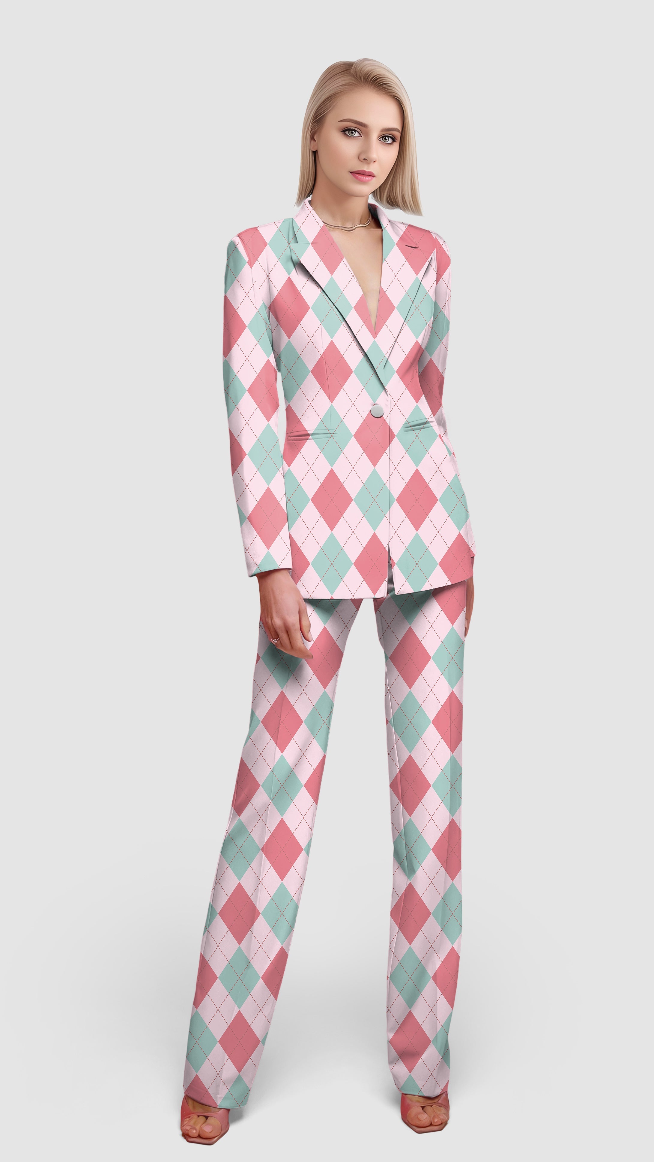 Pink argyle women's blazer and suit set for casual work and office style